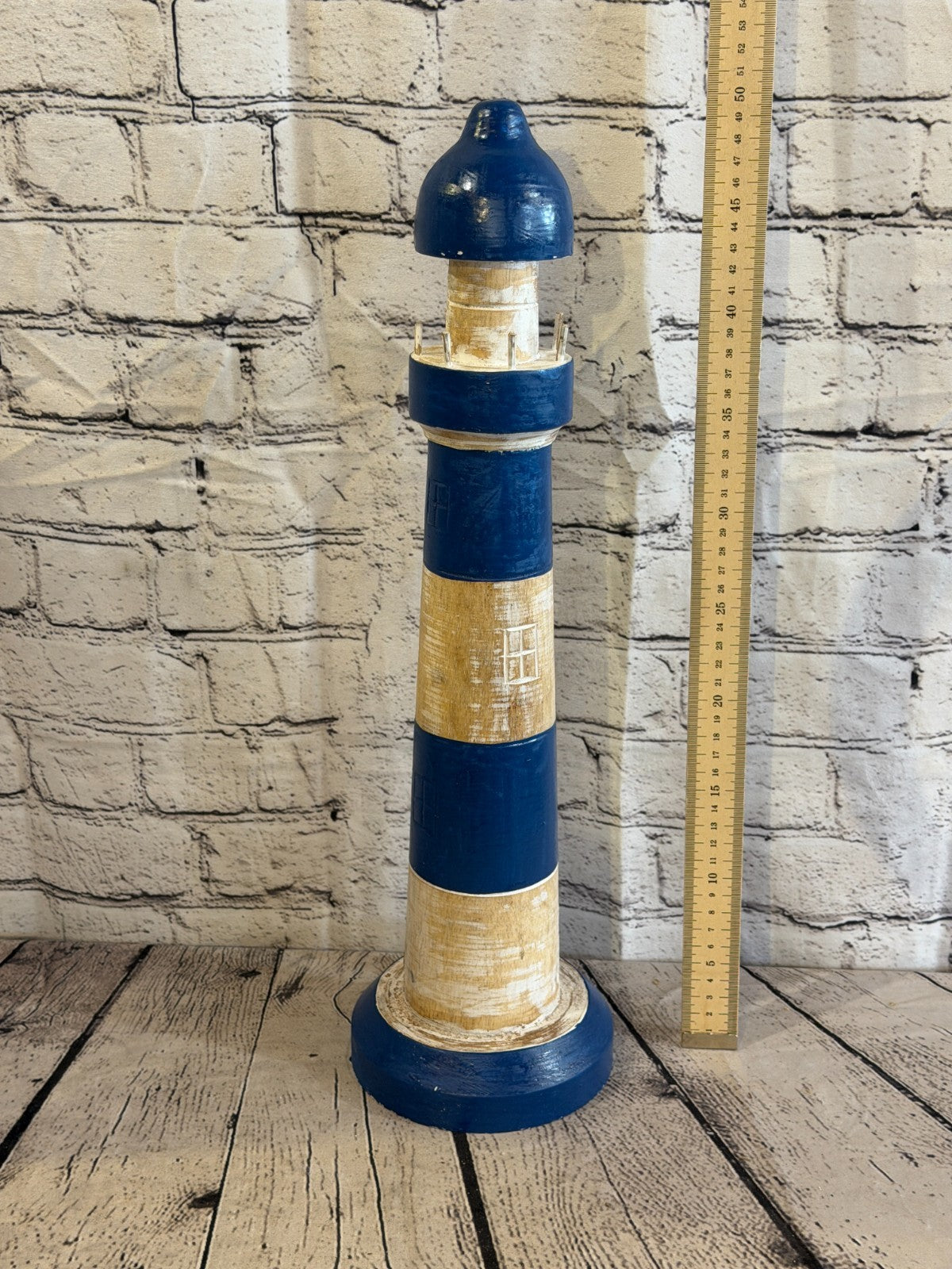 50cm Blue White Wooden Lighthouse Ornament Nautical Coastal Sculpture Statue3