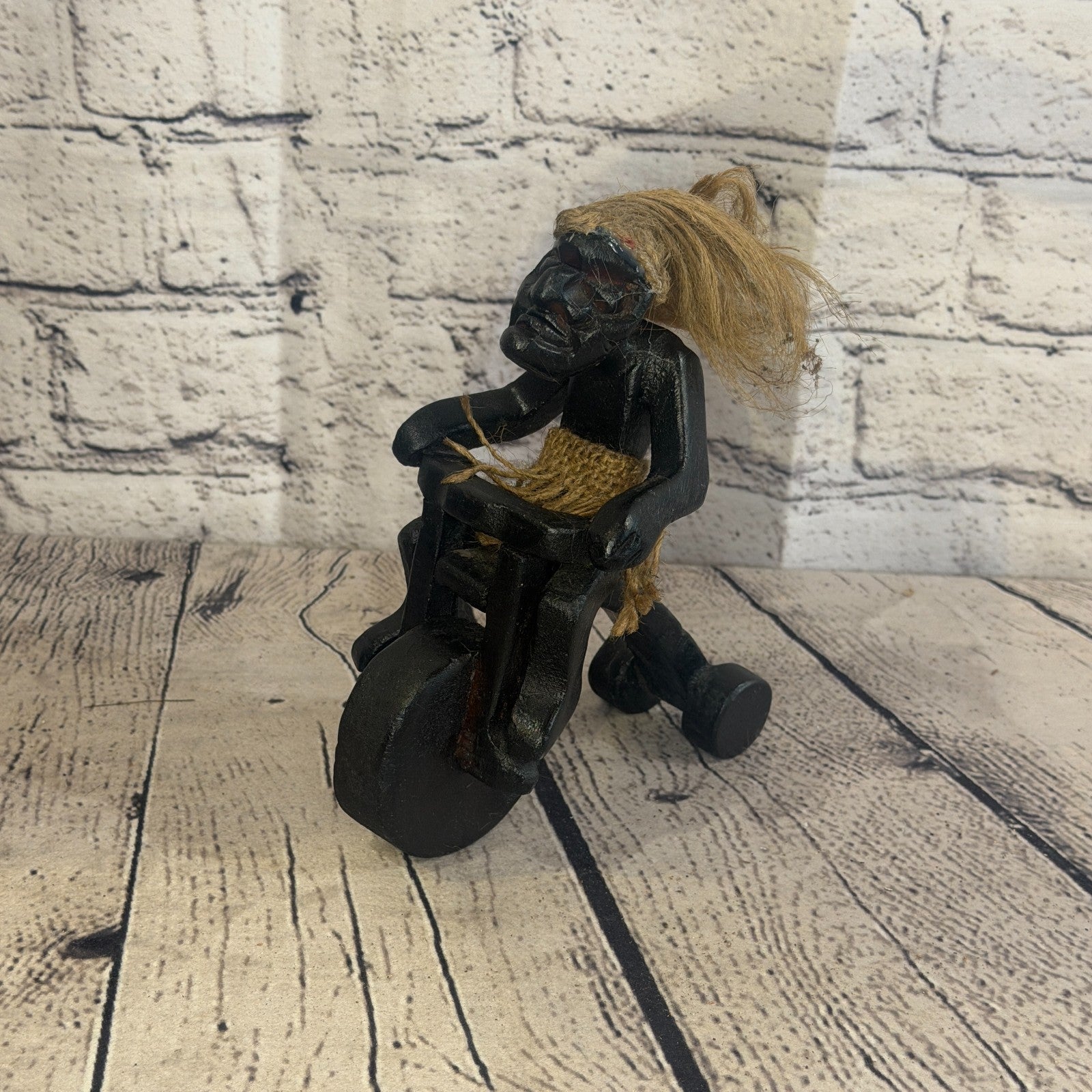 15cm Big Wheel Riding African Tribal Warrior Man Figure Statue Wood Hand Carved0