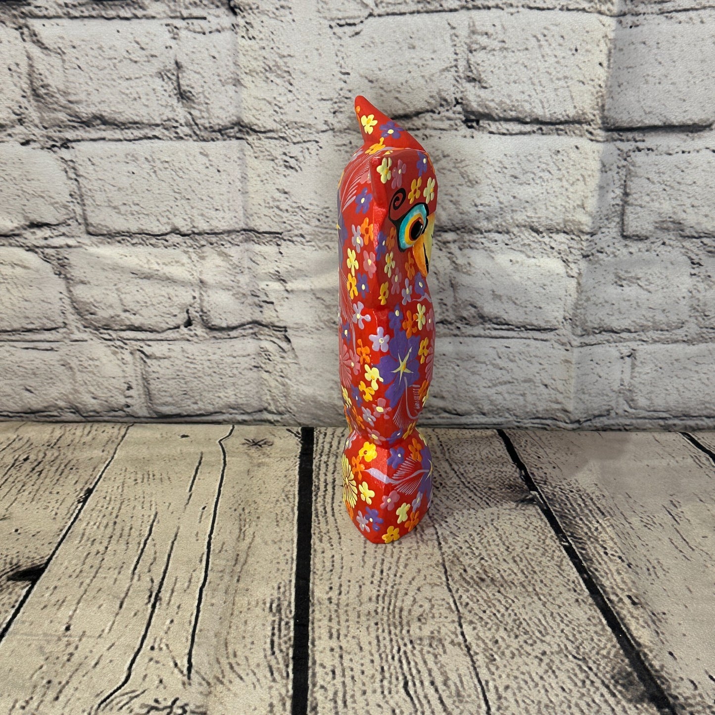 Red Large Wooden Owl With Flower Pattern 20cm x 8cm Handmade and Fairtrade3