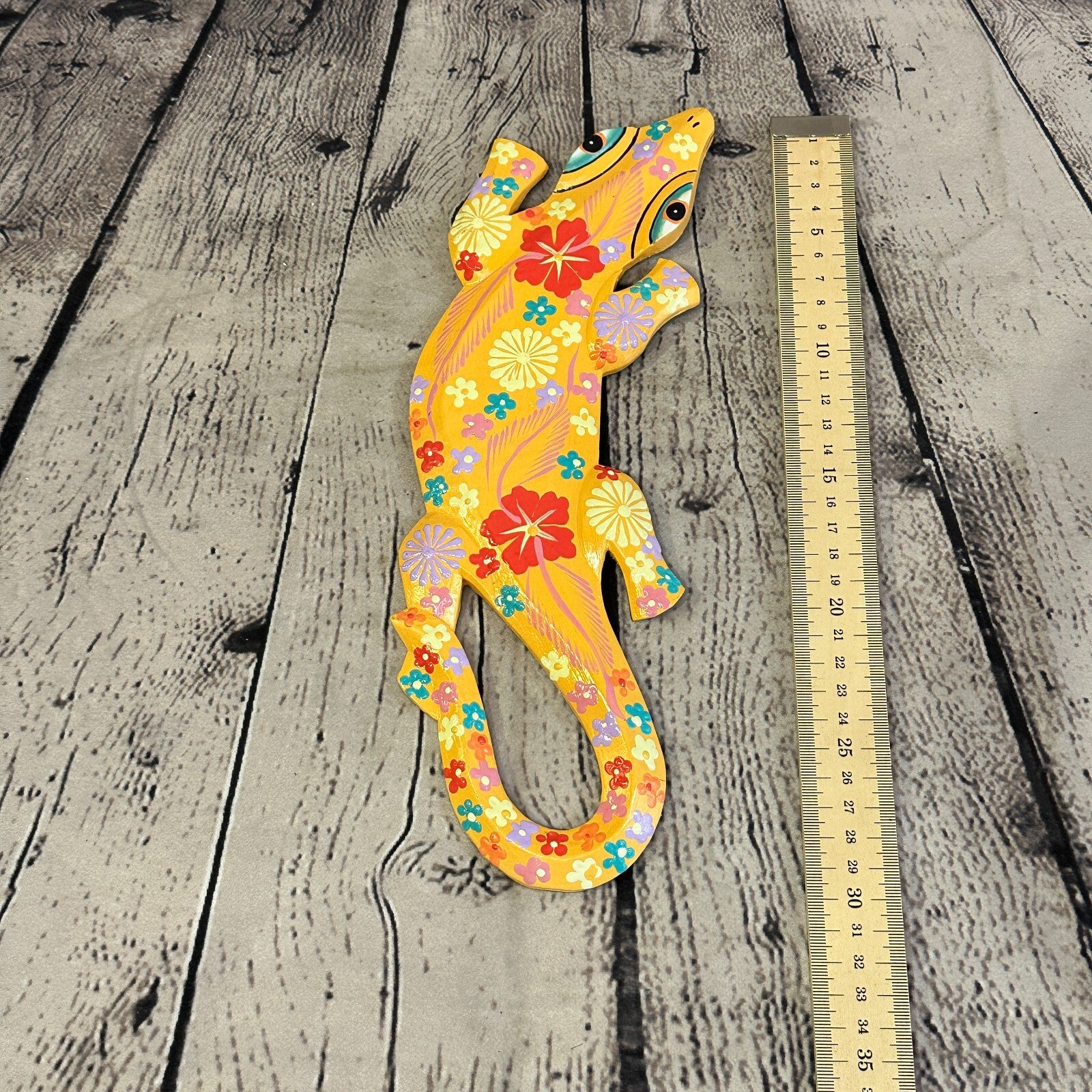 30cm Gecko Lizard Orange Flower Wood Wall Hanging Wooden Ornaments Carving4