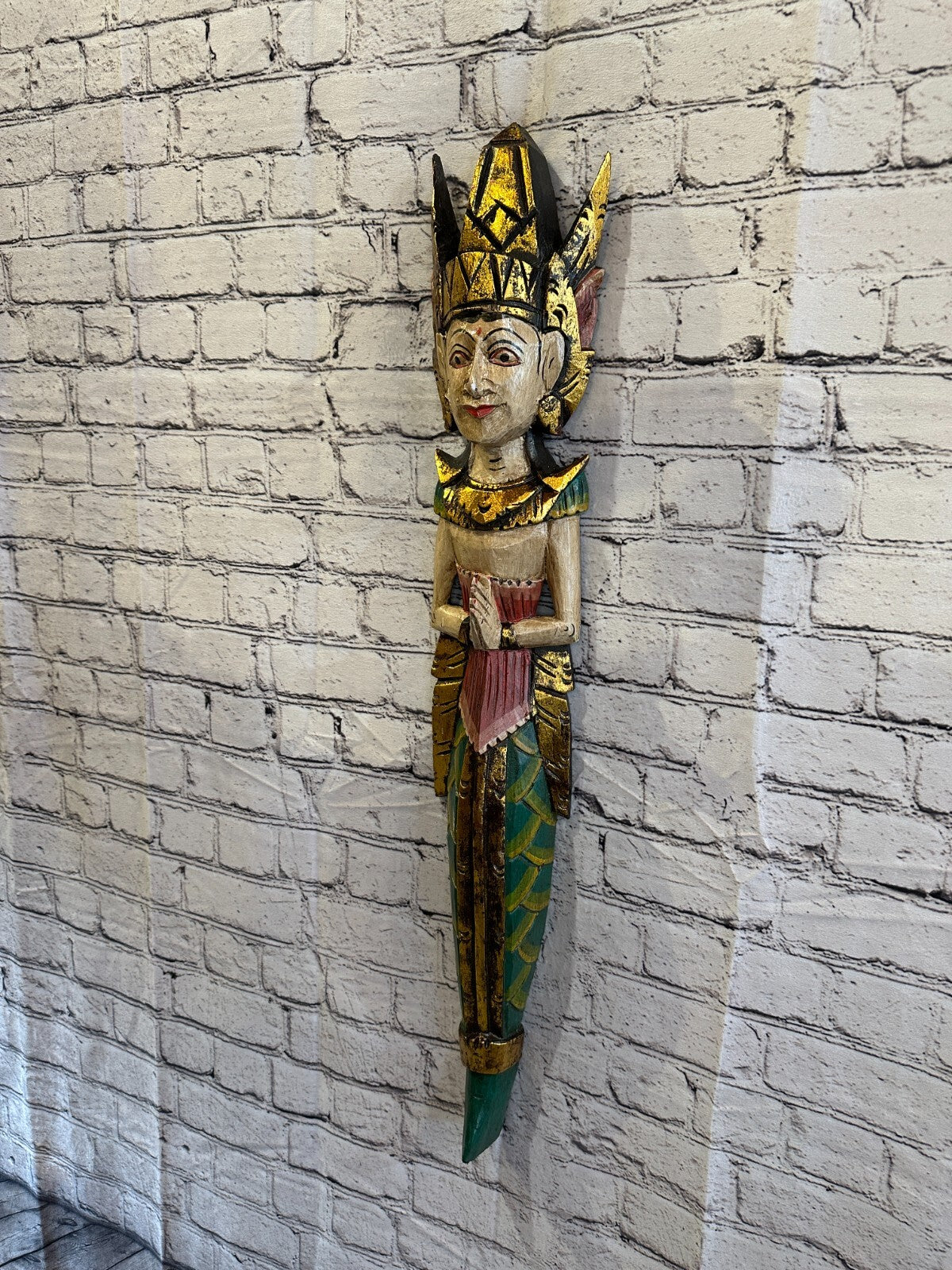 Plain Antique Colour Sita Dewi Bali Rice Goddess Wings Mermaid Wood 80cm Pair4