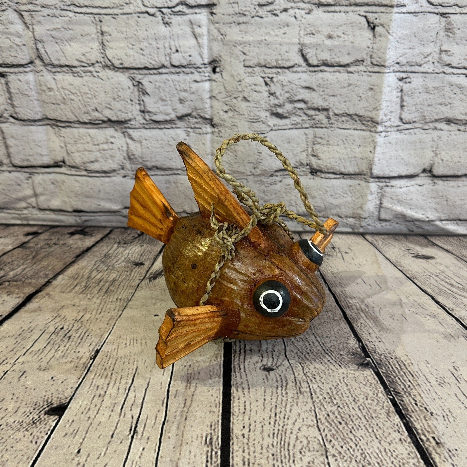 Plain Brown Folk Art Hand Painted Puffer Fish Coconut Shell Ornaments Hanging2