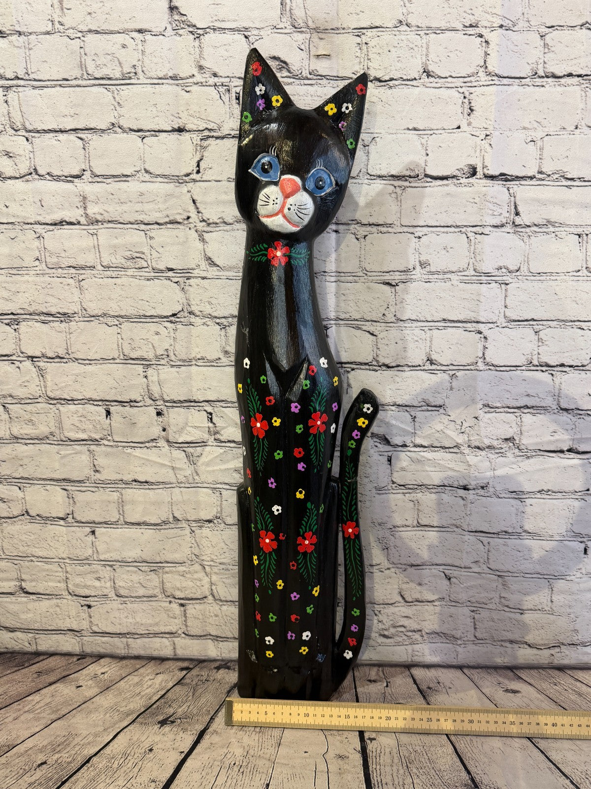 80cm Black Mix Flower Wooden Shabby Cat Statue Ornament Fair Trade Handcarved6