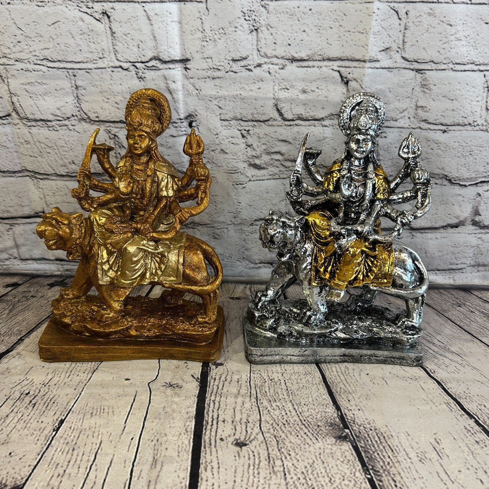 Silver And Gold 25cm x 15cm Large Durga Sitting Lotus Statue Resin Hindu God9