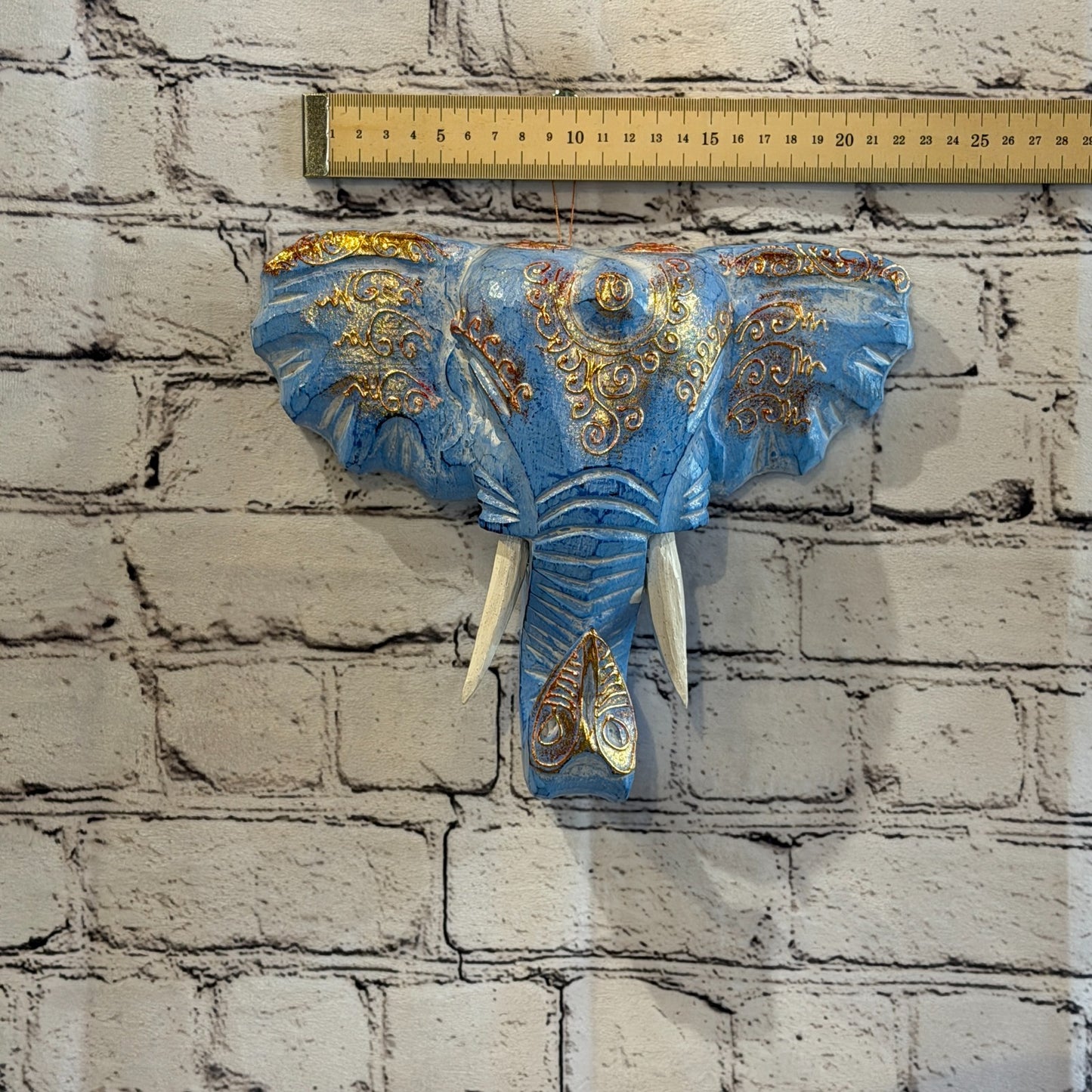 20cm x 20cm Blue Gold Painted Wood Elephant Head Wall Mounted Art Shabby3