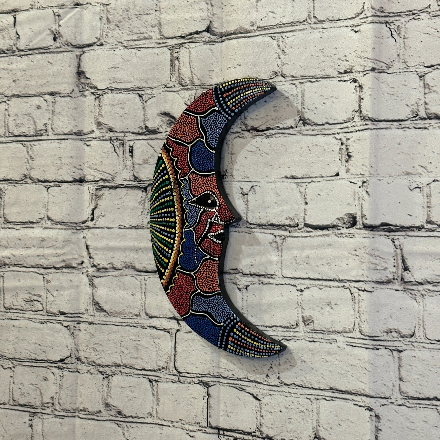 30cm Crescent Moon Carved Wooden Dot Painted Ethnic Tribal Tiki Wall Art No 21