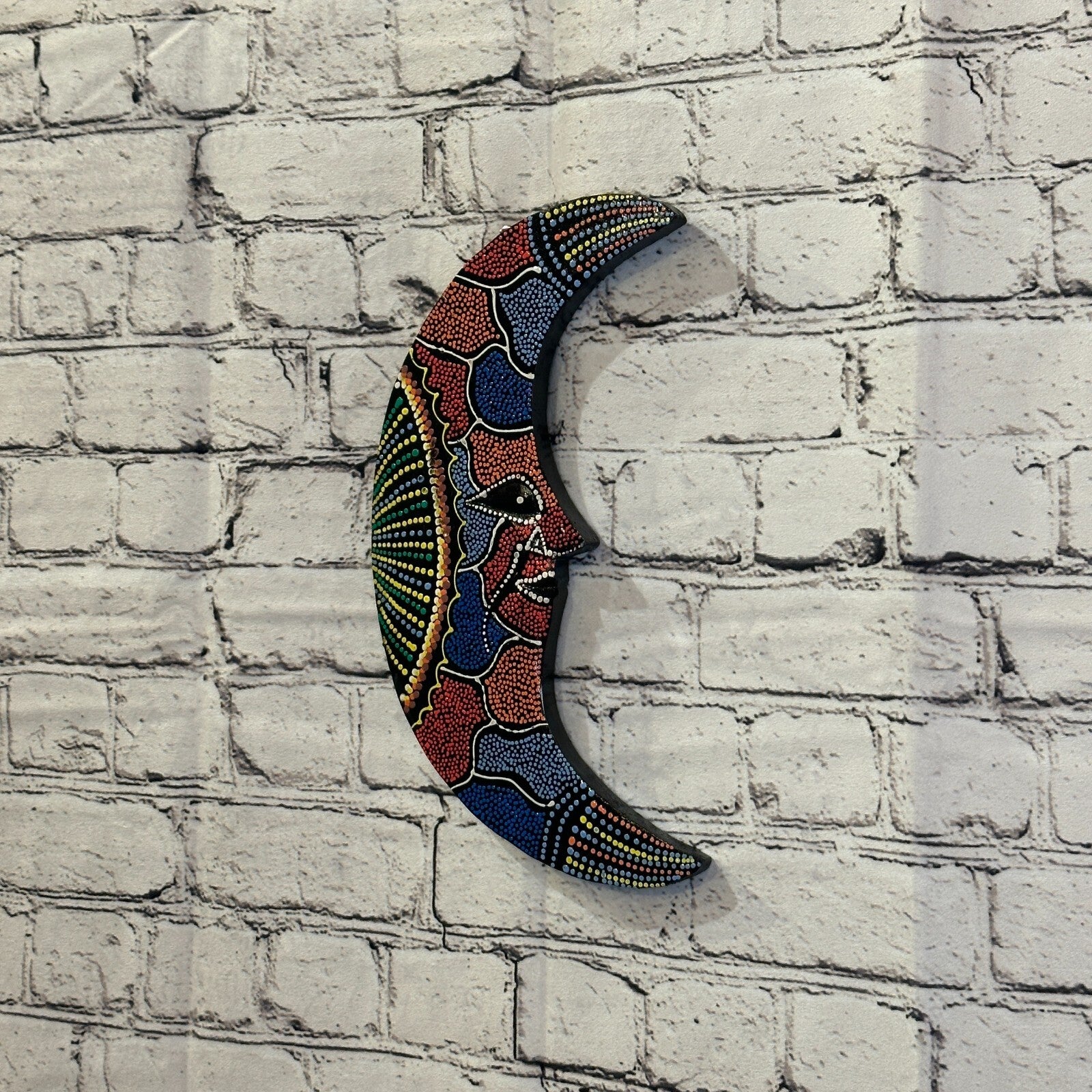 30cm Crescent Moon Carved Wooden Dot Painted Ethnic Tribal Tiki Wall Art No 21