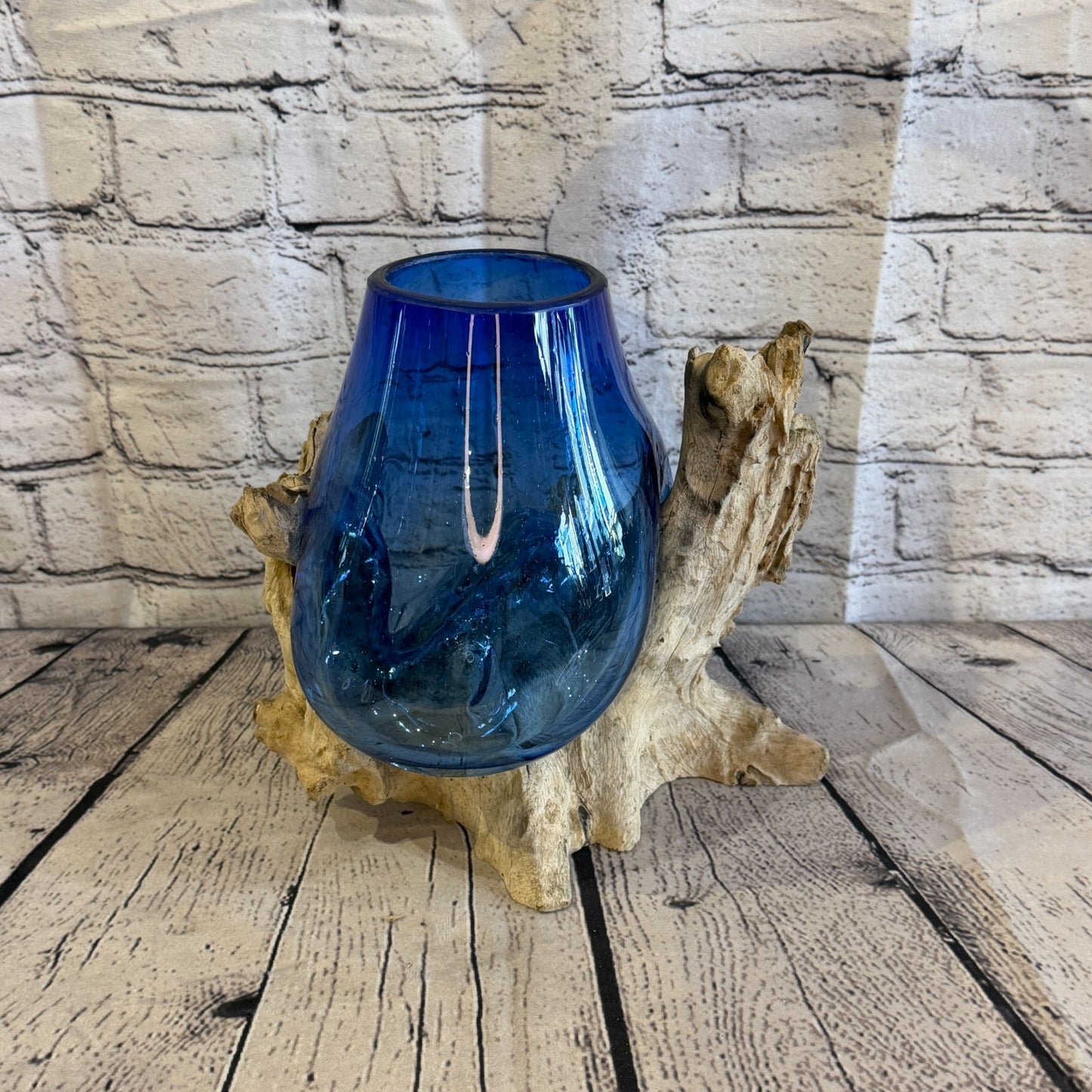 20cm Tall Blue Colour Melted Glass Wood Decorative Vase Glass Sculpture Crafted3