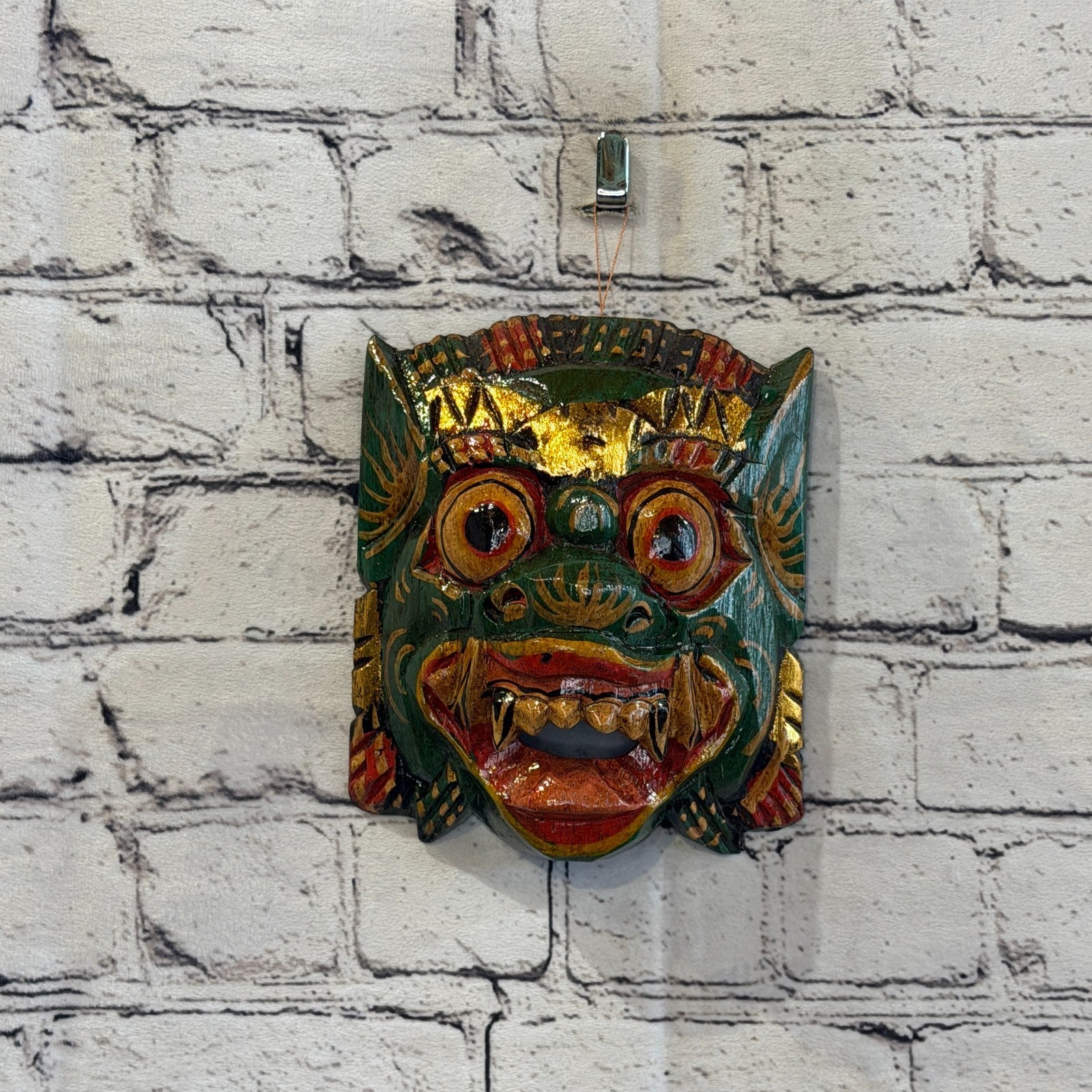Medium Wooden Green Barong Wall Mask 15cm x 15cm Handmade And Fairtrade Hindu2