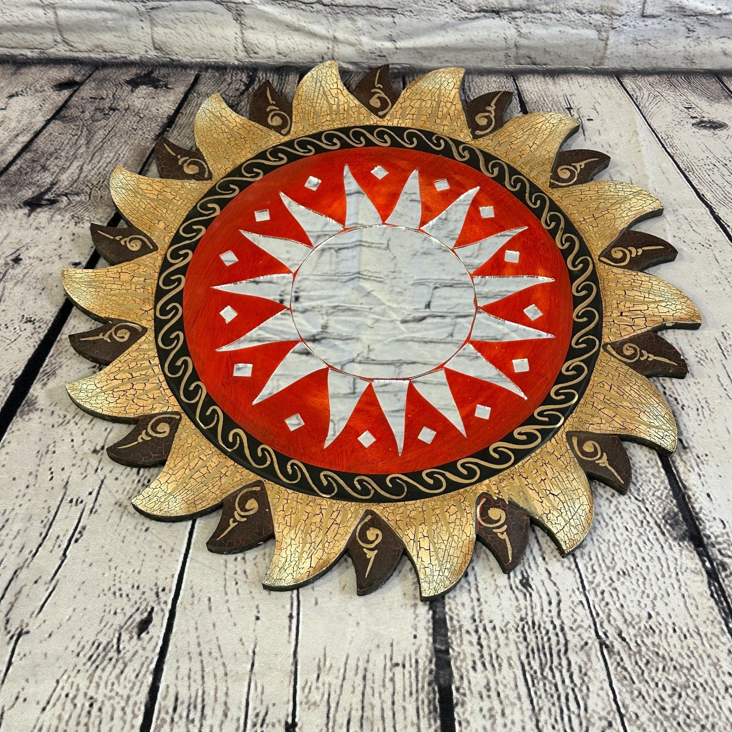 Red Gold Sun Mosaic Tile Wall Mirror 40cm x 40cm 16 Inches Handmade Fairtrade3