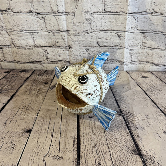 White Blue Fins Folk Art Painted Shark Fish Coconut Shell Ornaments Hanging0