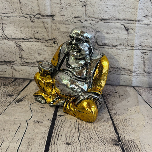 Silver And Gold 15cm x 15cm Large Chinese Buddha Sitting On Lotus Statue Resin0