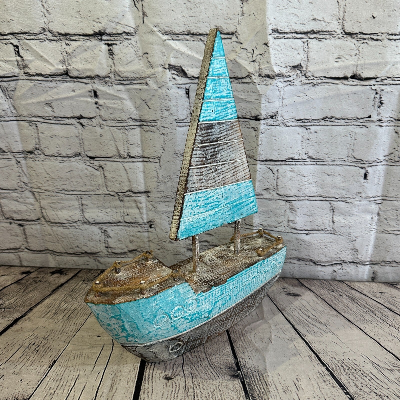 40cm Rustic Wooden Brown & Green Sailing Boat Nautical Ornament Sculpture Decor0