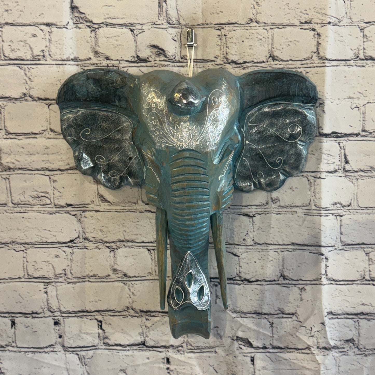 40cm x 35cm Silver Blue Painted Wood Elephant Head Wall Mounted Art Shabby2