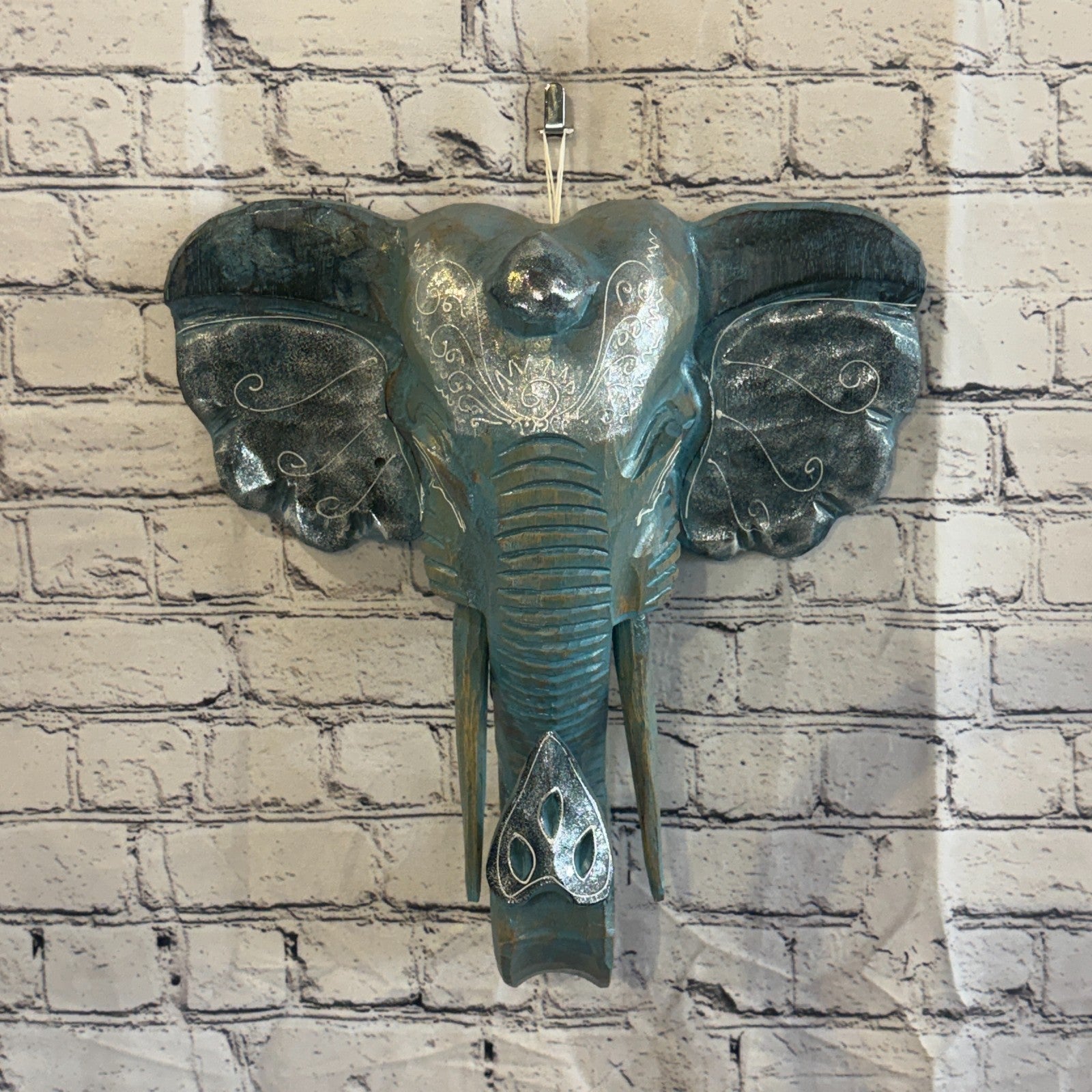 40cm x 35cm Silver Blue Painted Wood Elephant Head Wall Mounted Art Shabby2