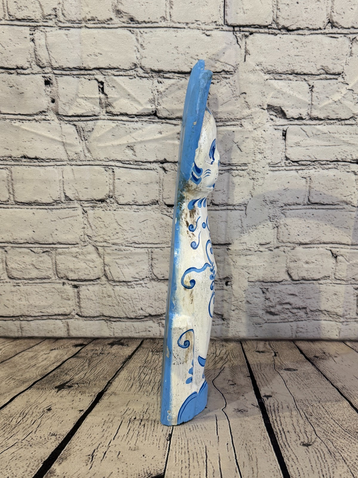 40cm Blue White Flower Wooden Shabby Cat Statue Ornament Fair Trade Handcarved3