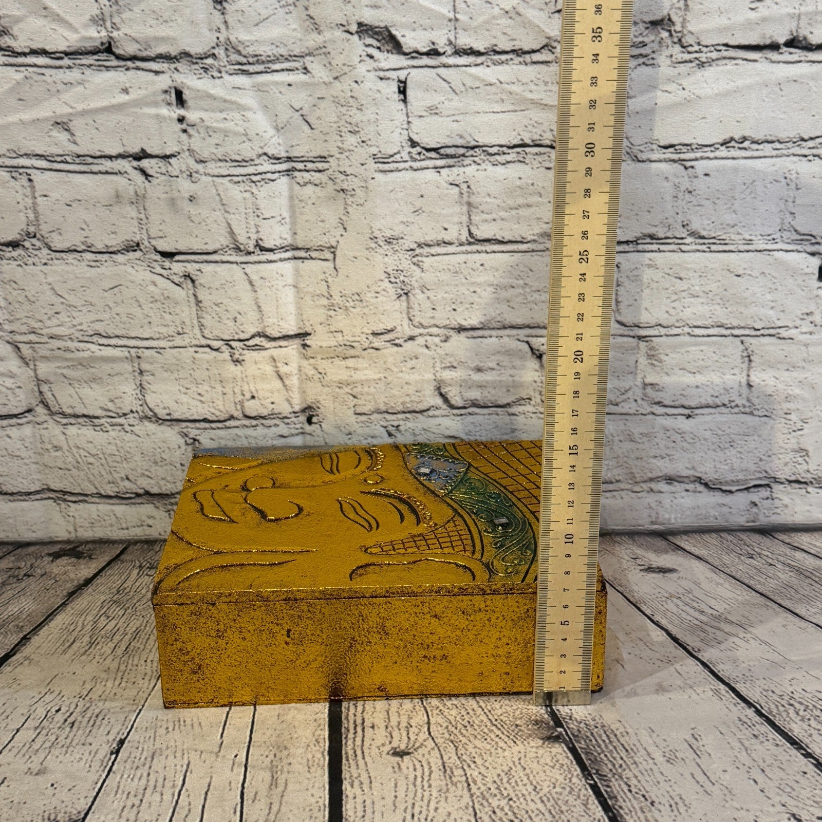 Bright Gold Thai Buddha Head Plain 25cm x 18cm x 7cm Wooden Box Trinket Handmade7