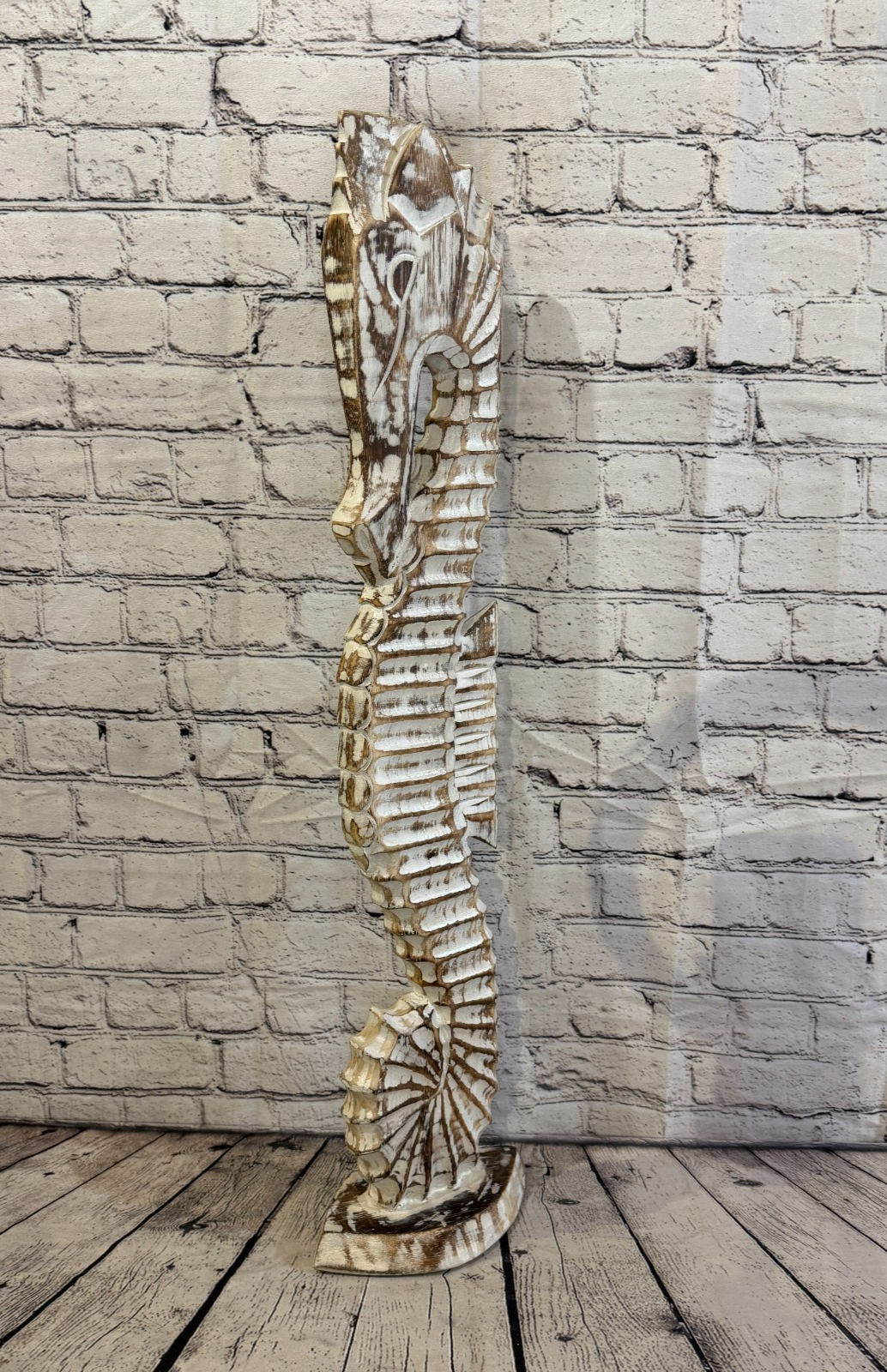 80cm Brown Wooden Shabby Seahorse Statue Ornament Fair Trade Handcarved0