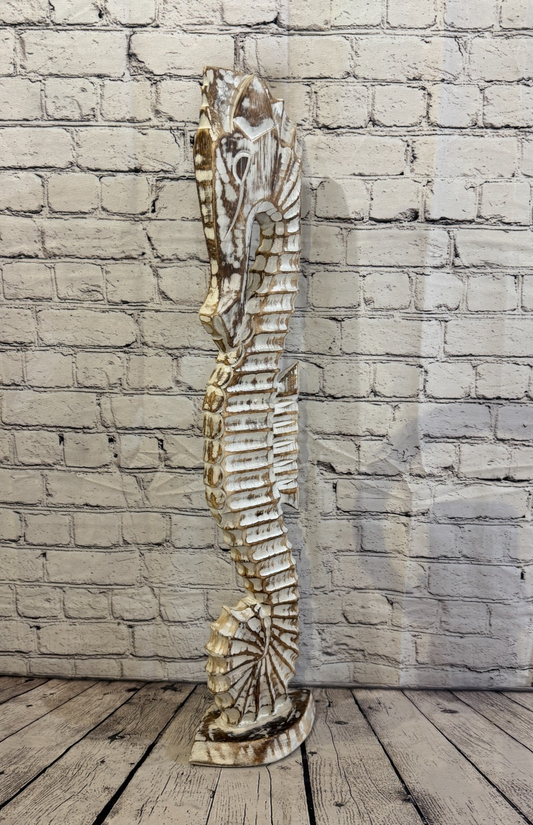 80cm Brown Wooden Shabby Seahorse Statue Ornament Fair Trade Handcarved0