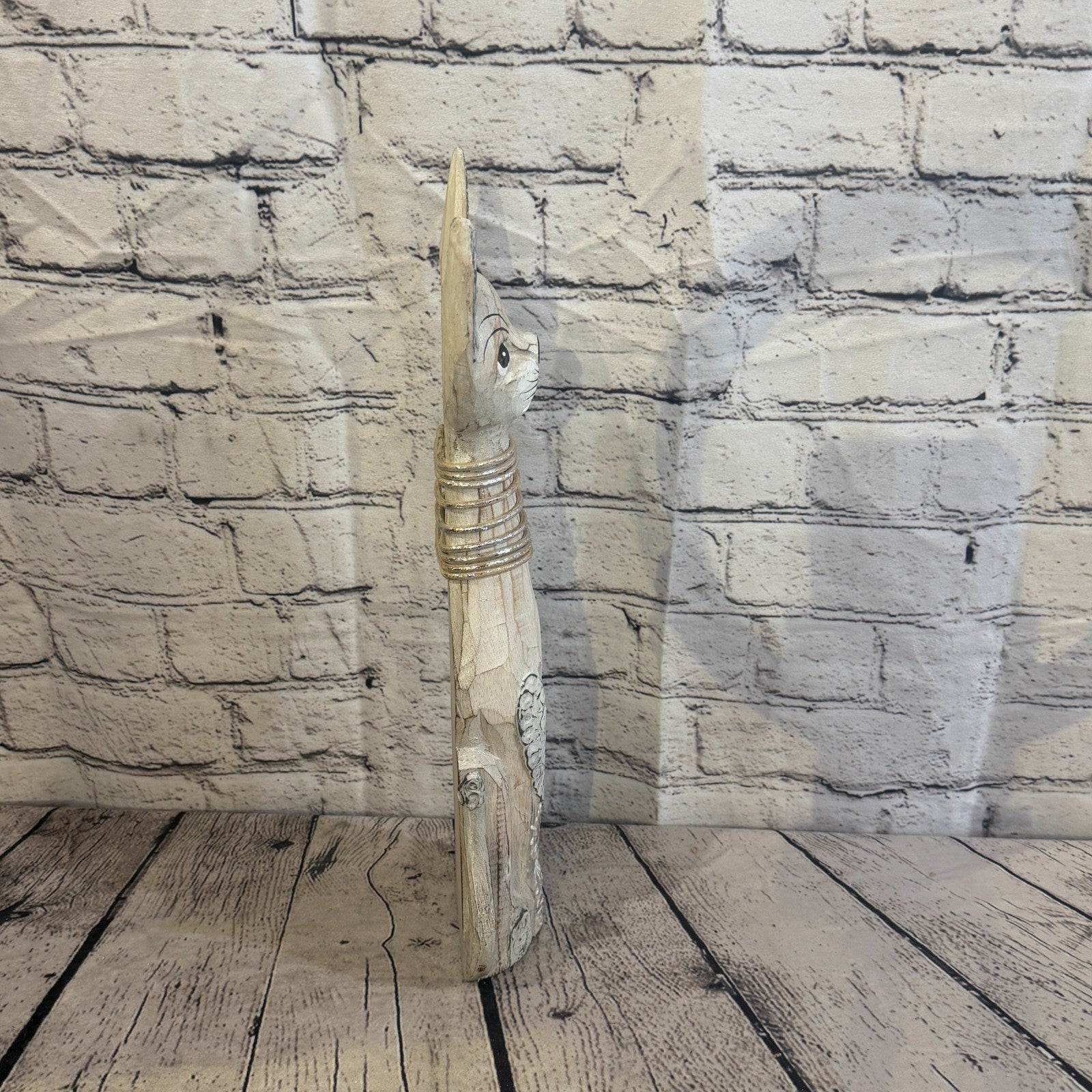 40cm White Silver Dots Wooden Shabby Cat Statue Ornament Fair Trade Handcarved3