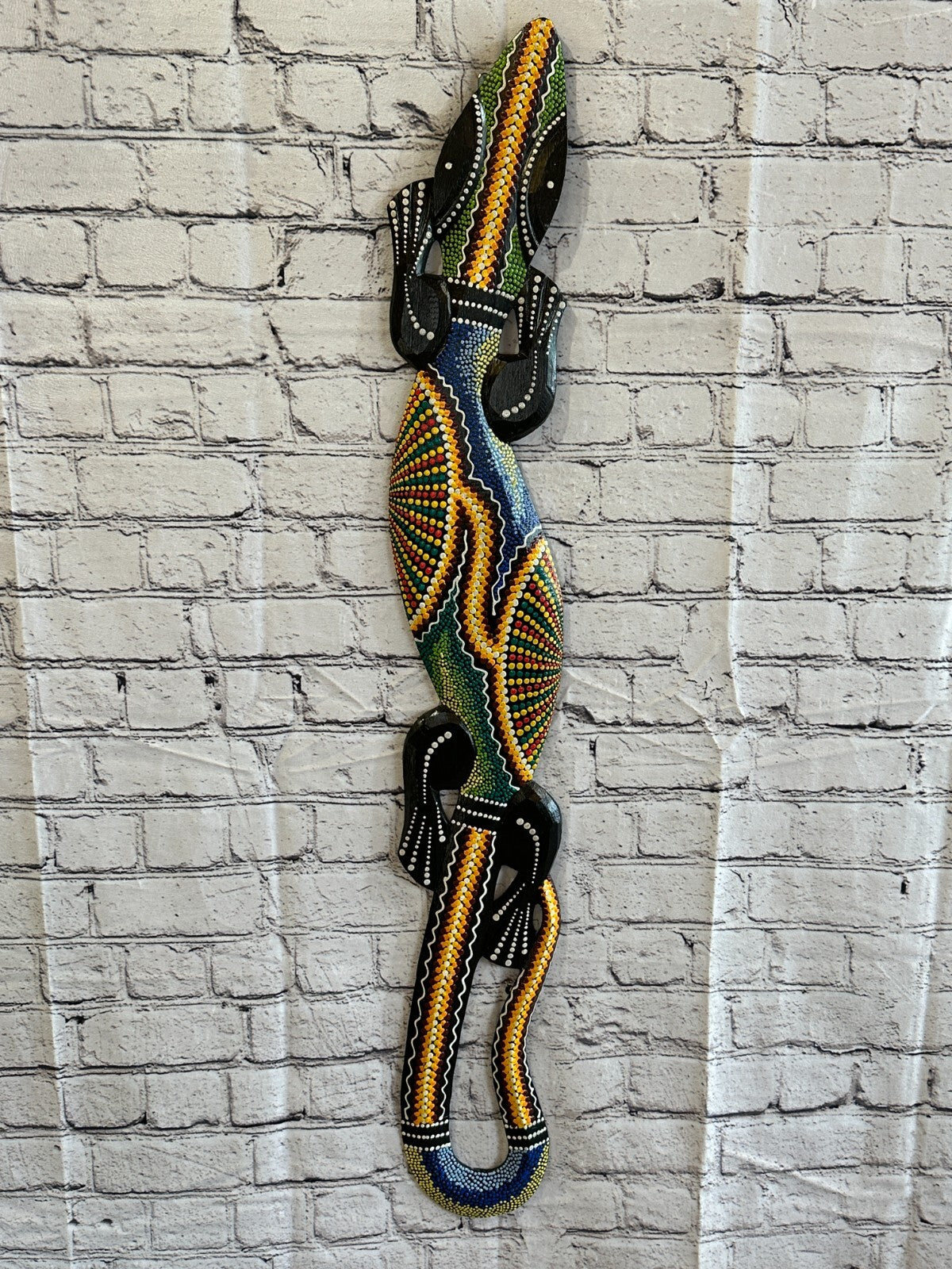 100cm Gecko Carved Wooden Dot Painted Ethnic Tribal Tiki Wall Art Handmade No 22