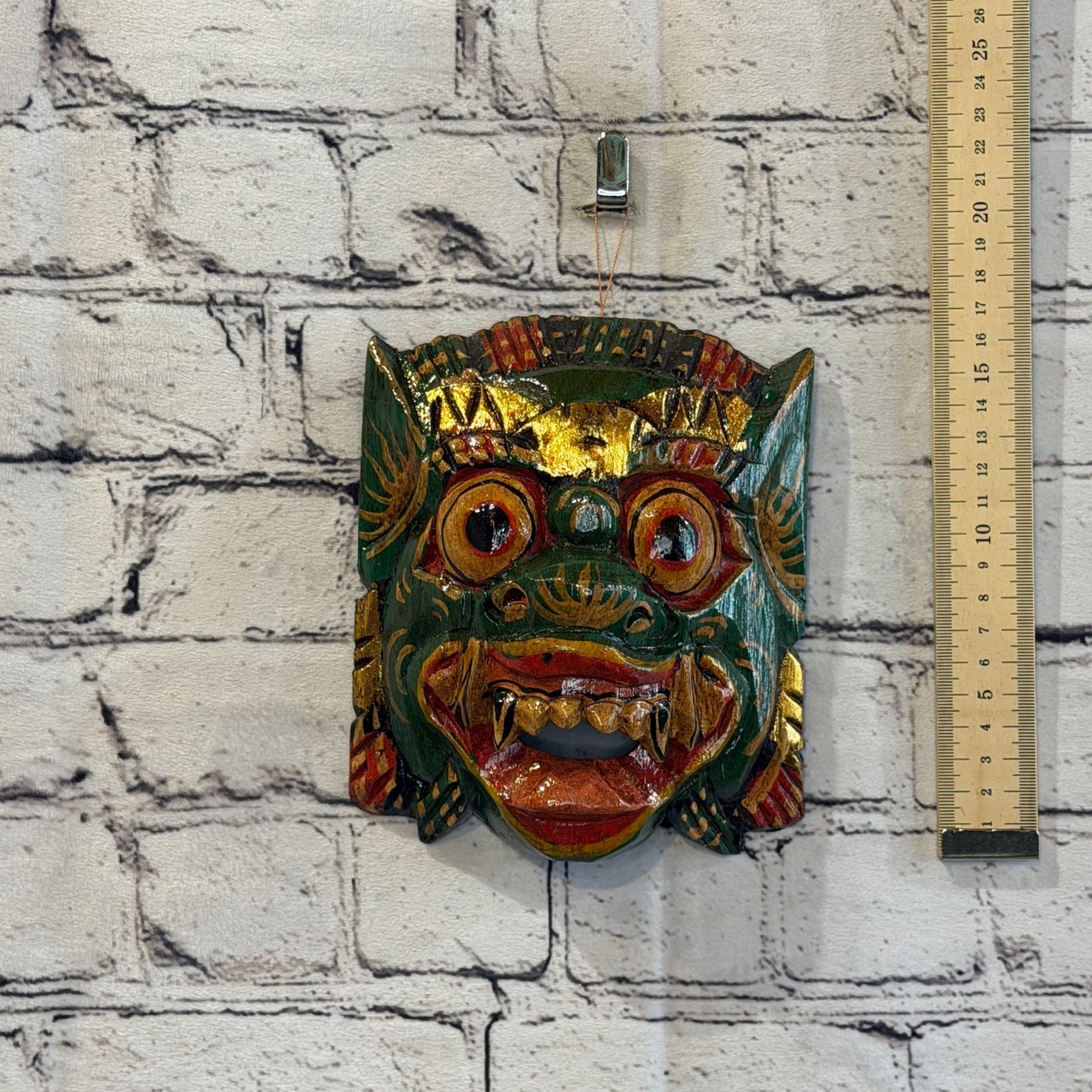 Medium Wooden Green Barong Wall Mask 15cm x 15cm Handmade And Fairtrade Hindu4