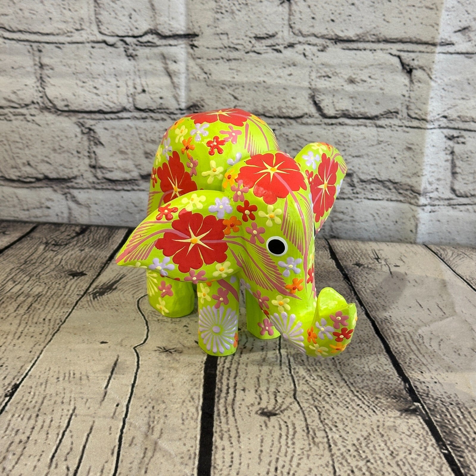 Green Wooden Elephant With Flower Pattern 15cm x 18cm Handmade and Fairtrade0
