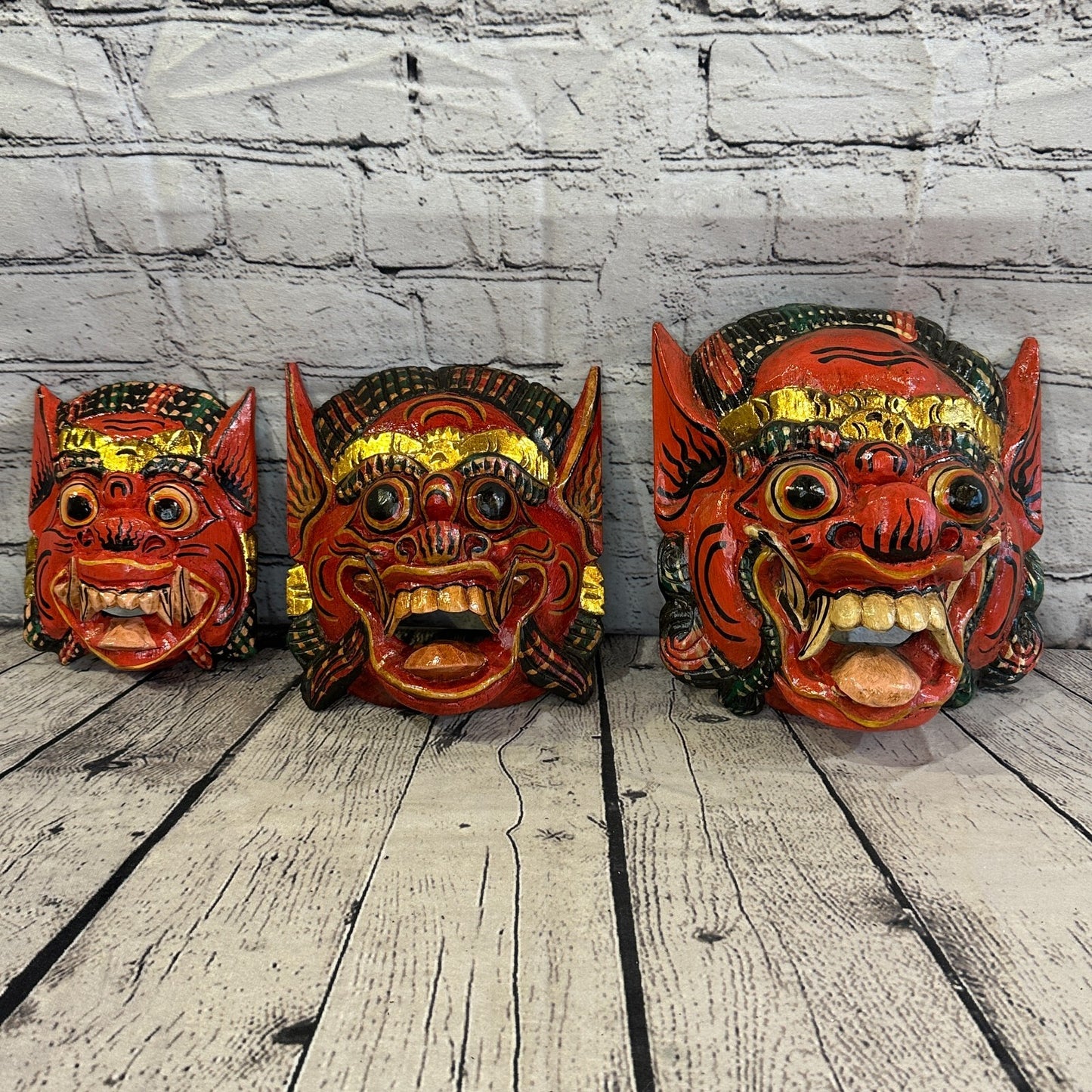 Large Wooden Red Barong Wall Mask 20cm x 20cm Handmade And Fairtrade Hindu7
