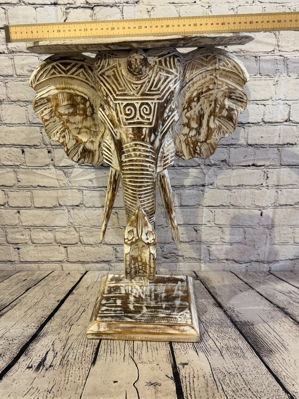 50cm x 45cm Brown Carved Wood Elephant Head Shelf Wall Mounted Art Large Shabby8
