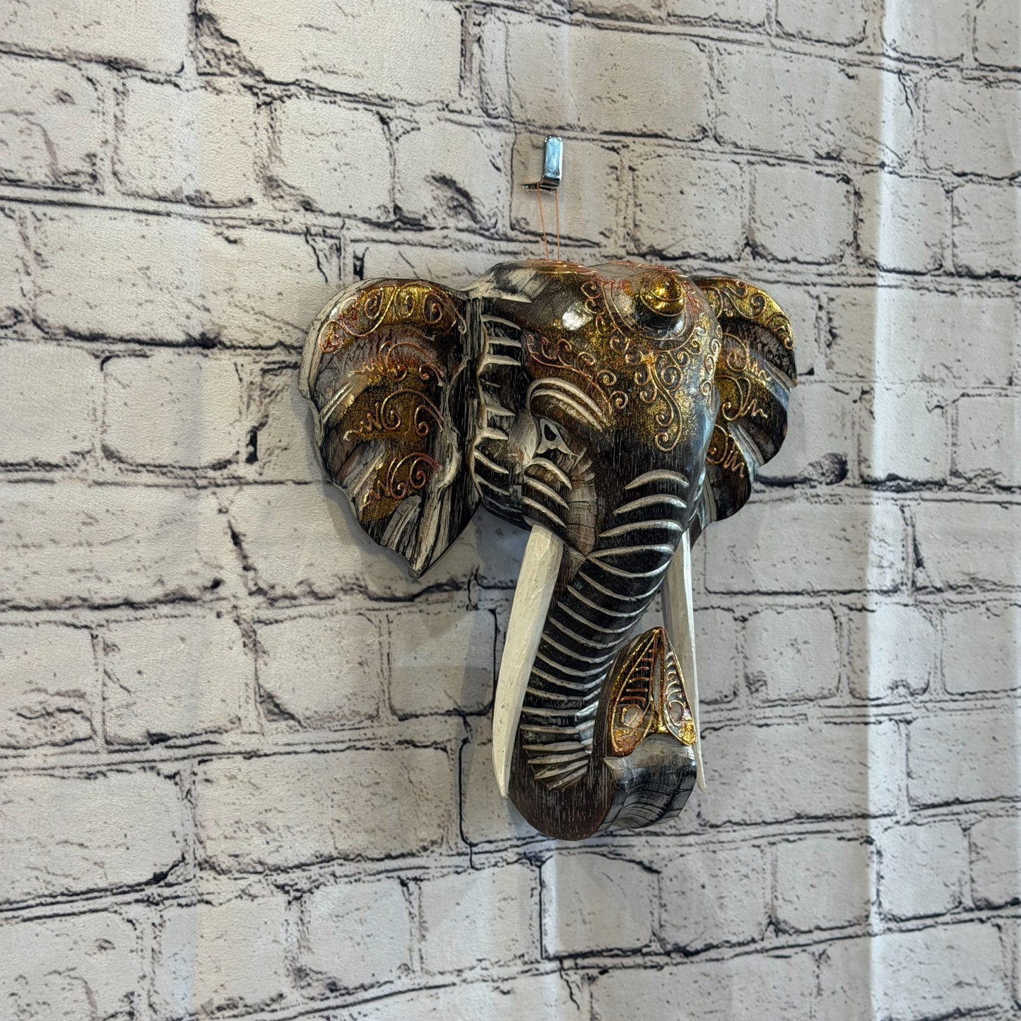 25cm x 25cm Brown Gold Painted Wood Elephant Head Wall Mounted Art Shabby0