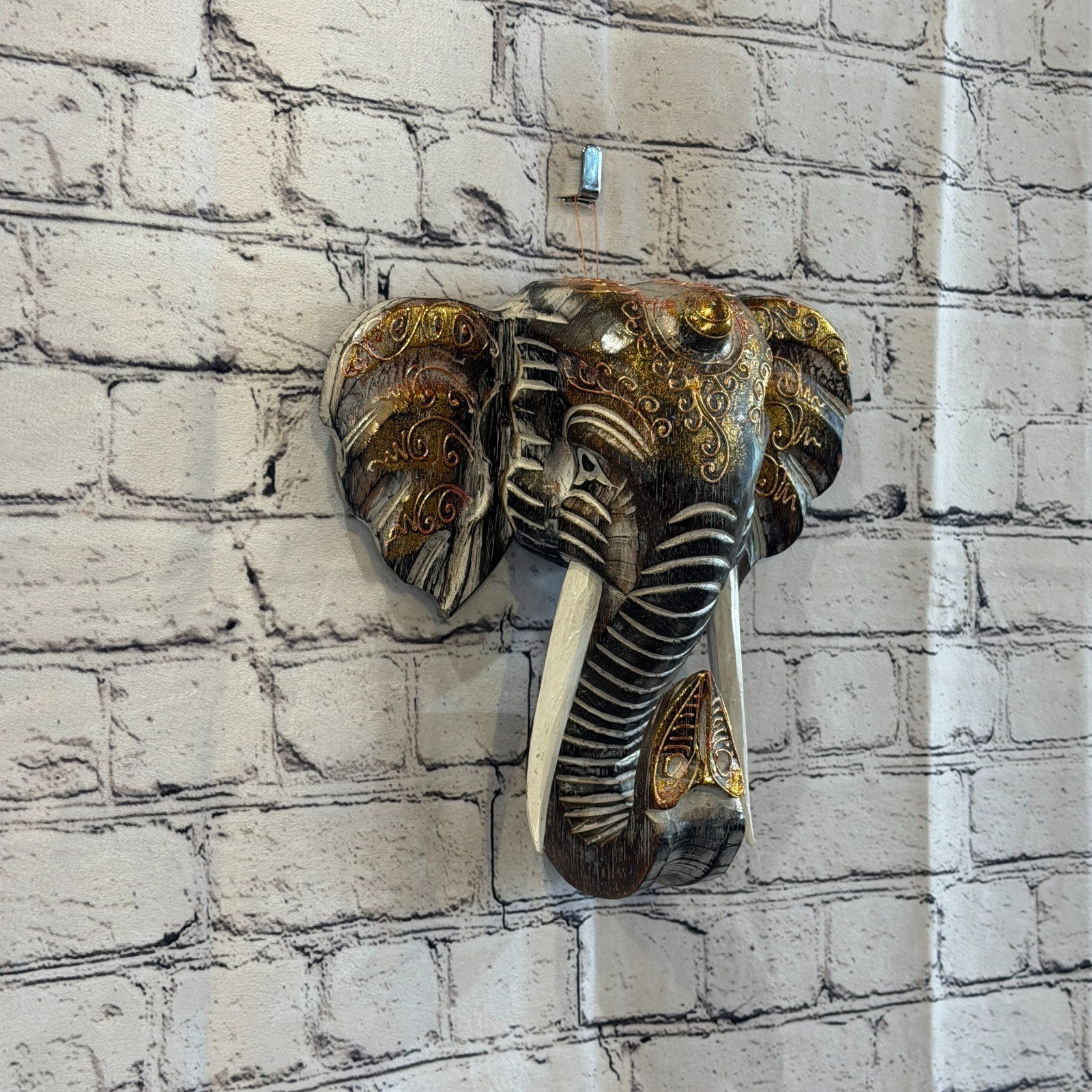 25cm x 25cm Brown Gold Painted Wood Elephant Head Wall Mounted Art Shabby0