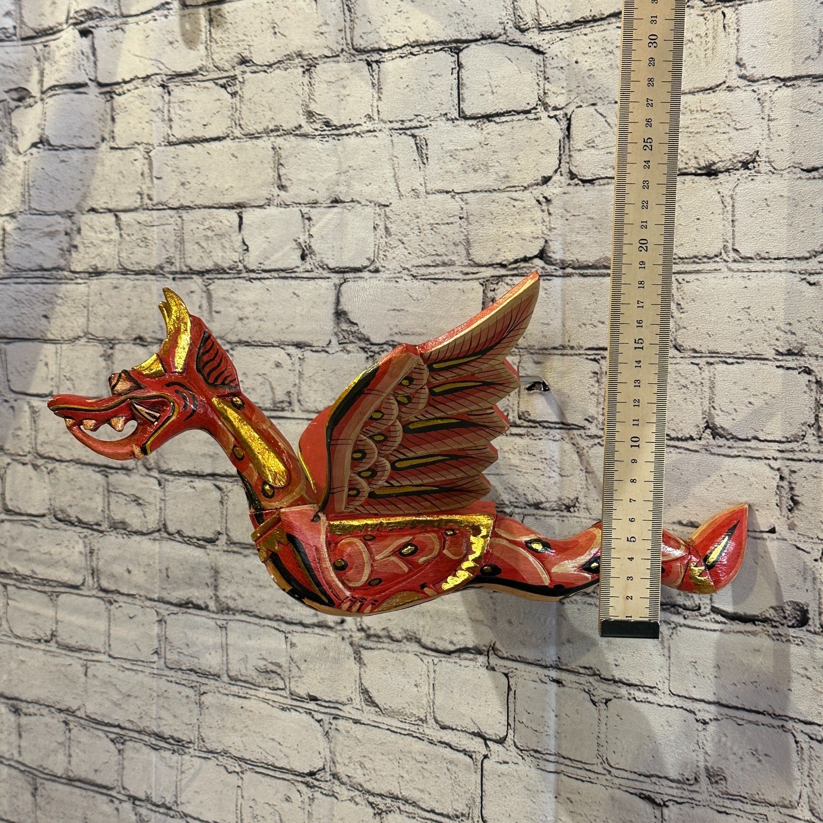 40cm Red Dragon Folk Art Carved Wood Flying Winged Mobile Spirit Chaser Guardian4