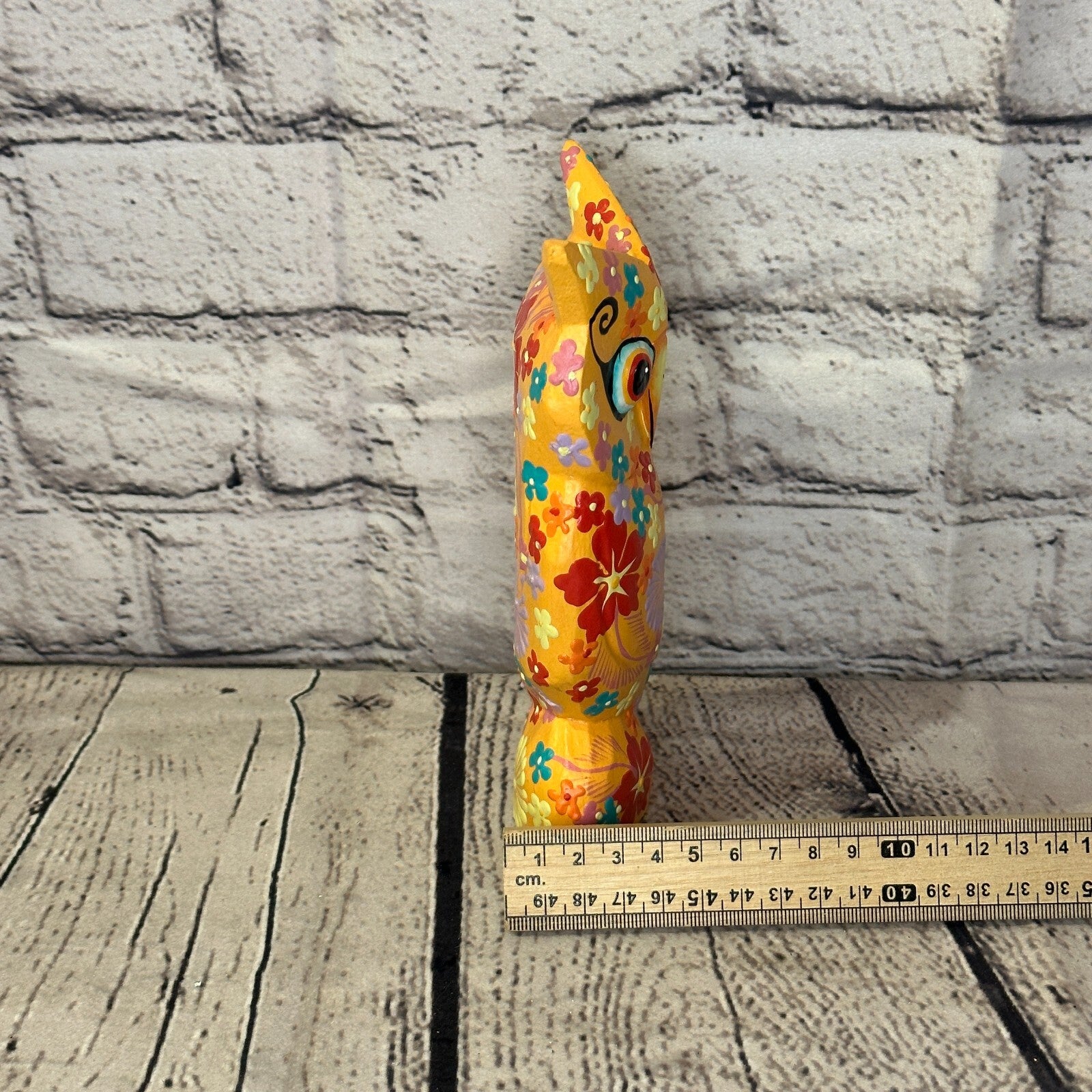 Orange Medium Wooden Owl With Flower Pattern 15cm x 8cm Handmade and Fairtrade7