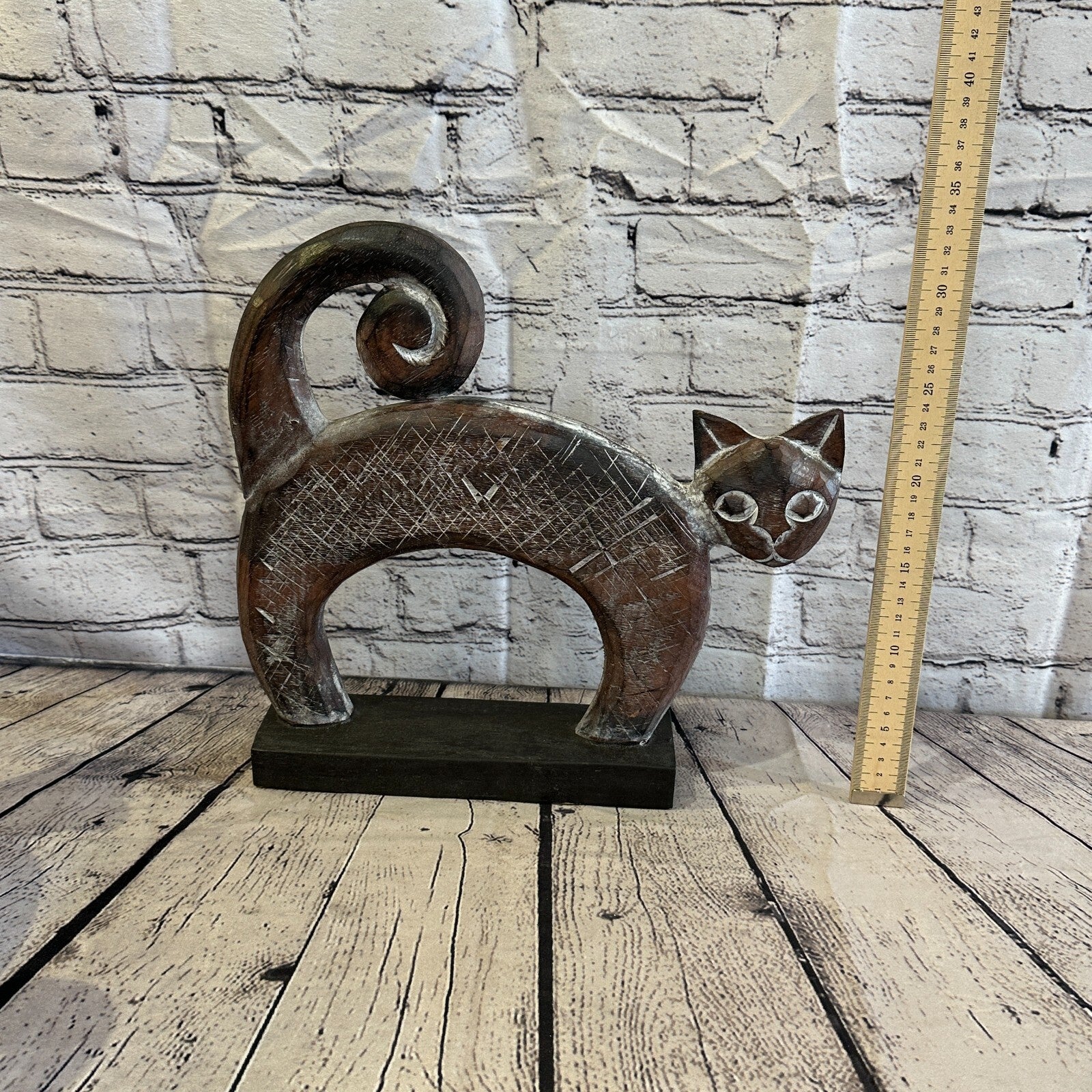 35cm x 35cm  Wooden Tribal Primitive Black Cat Stand Sculpture Statue Art5