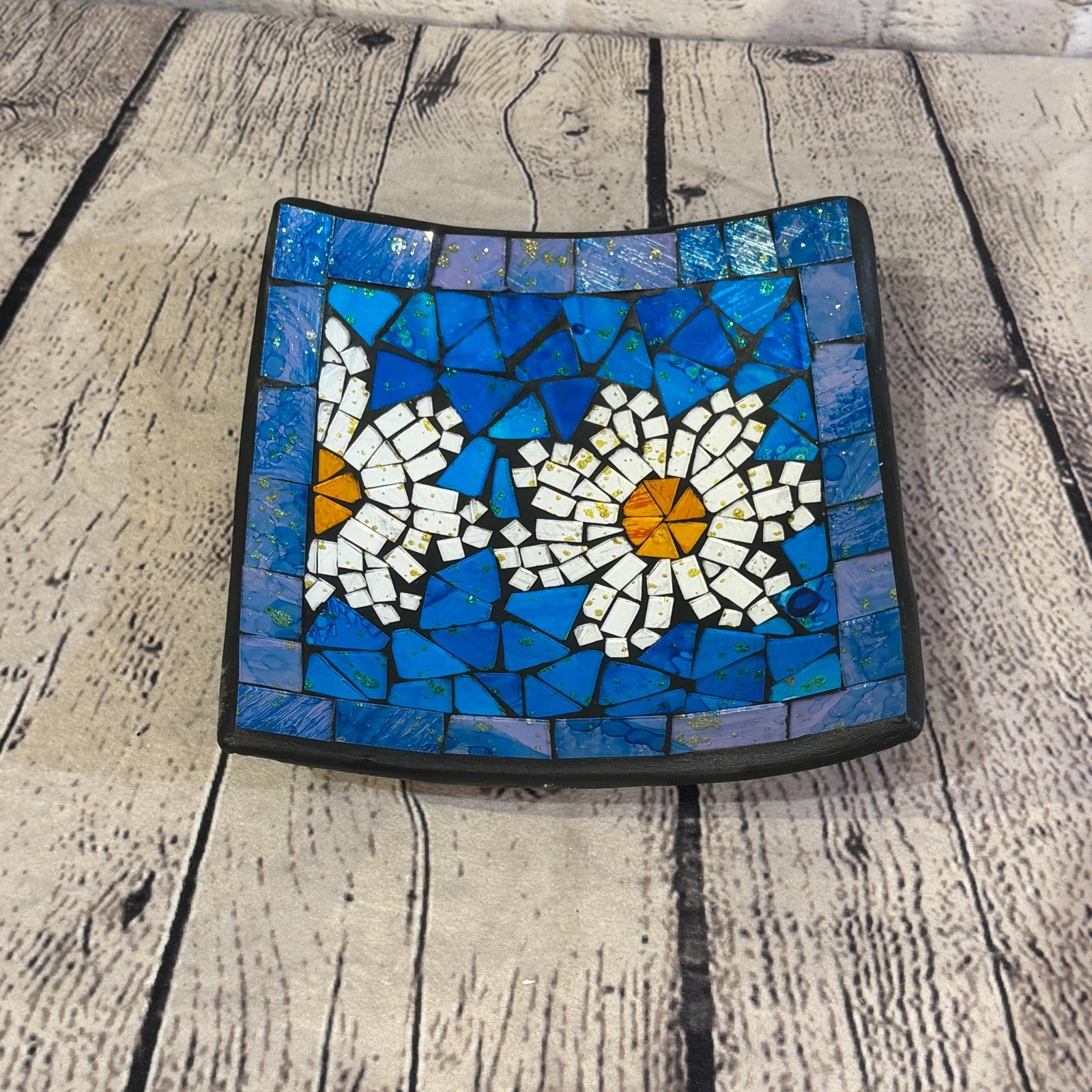 20cm Blue Daisy Flower Square Mosaic Handmade Ceramic Glass Tile Bowl Fruit0