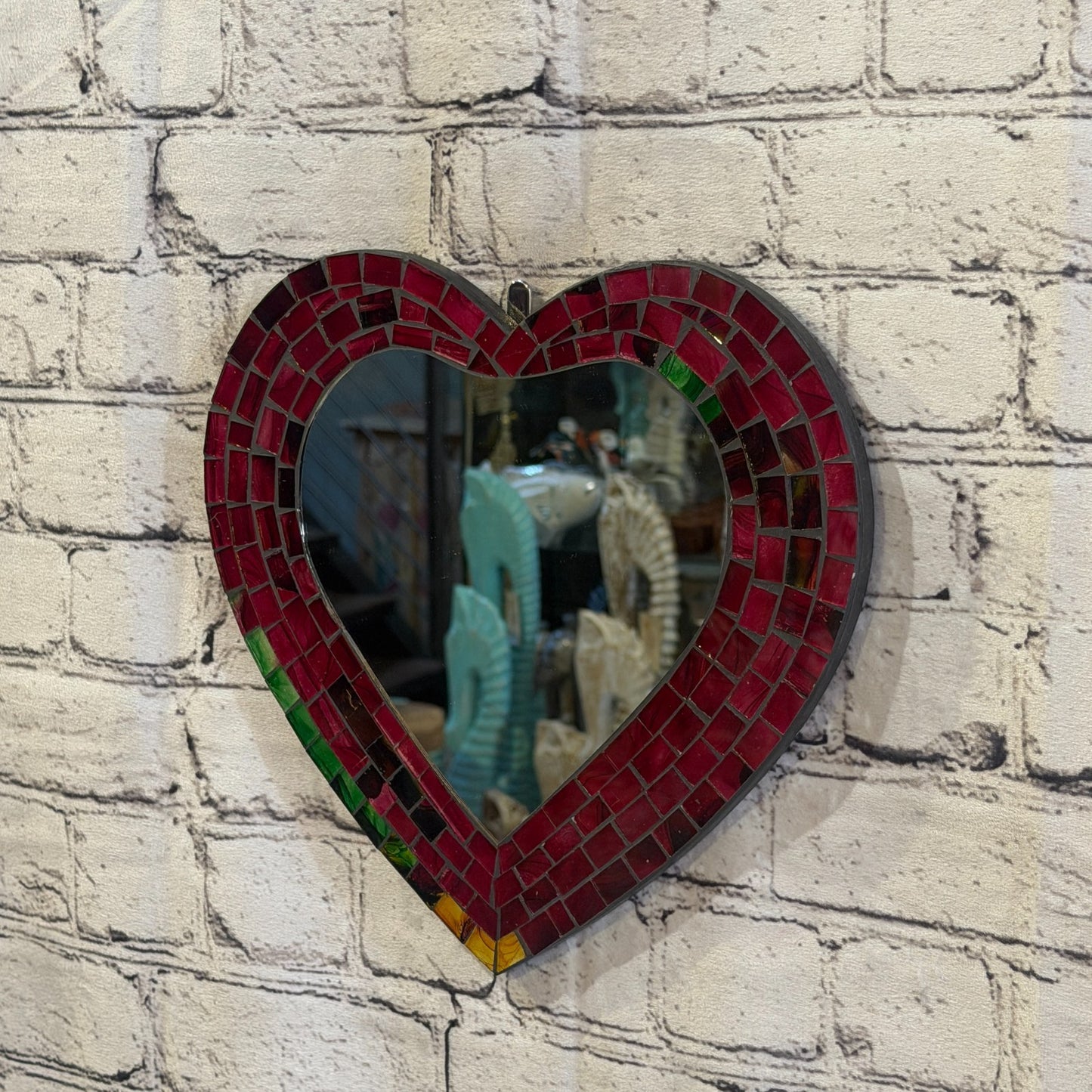Red Heart Shape Mosaic Tile Wall Mirror 28cm x 25cm 10 Inches Handmade New1