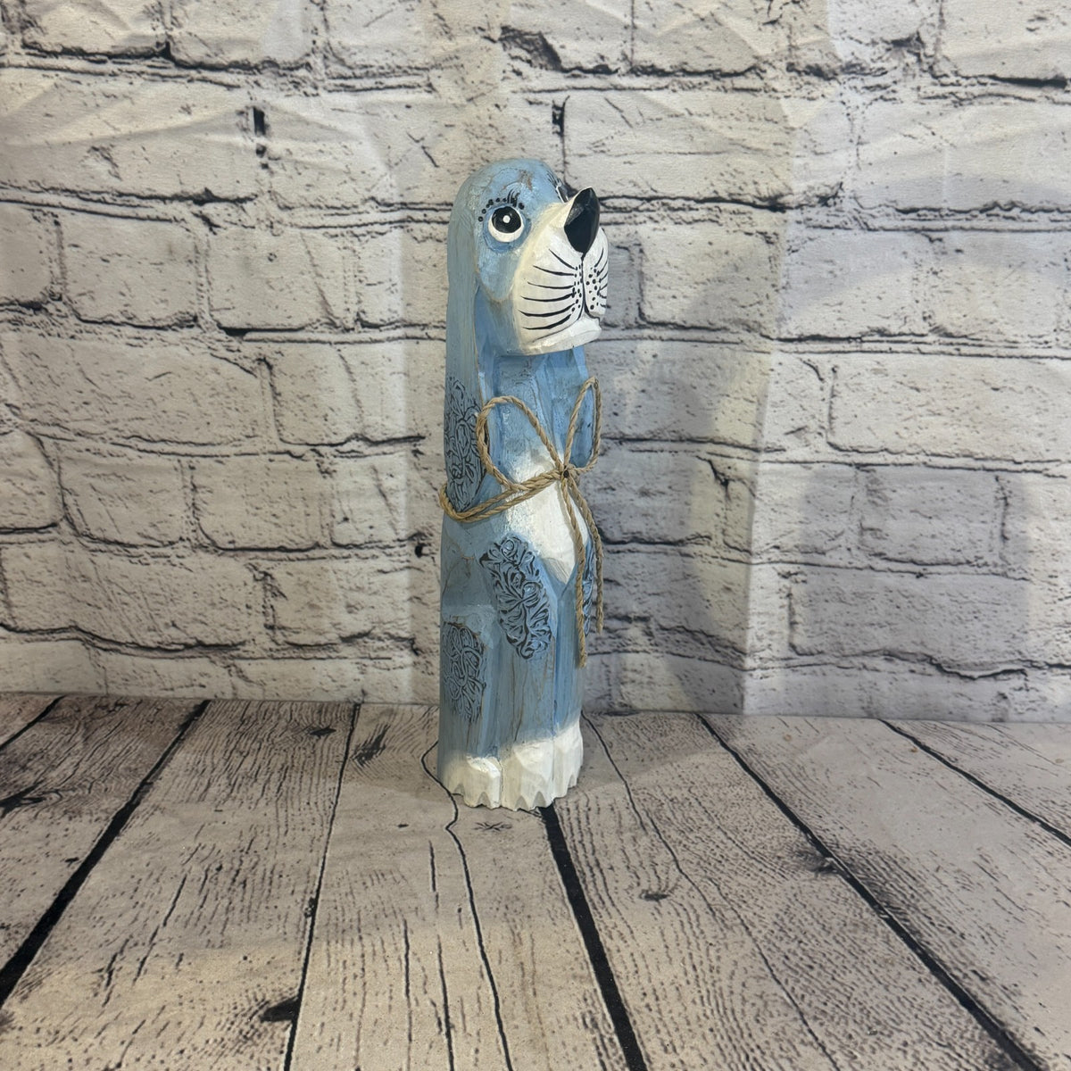 30cm Light Blue Wooden Shabby Dog Statue Ornament Fair Trade Handcarved2