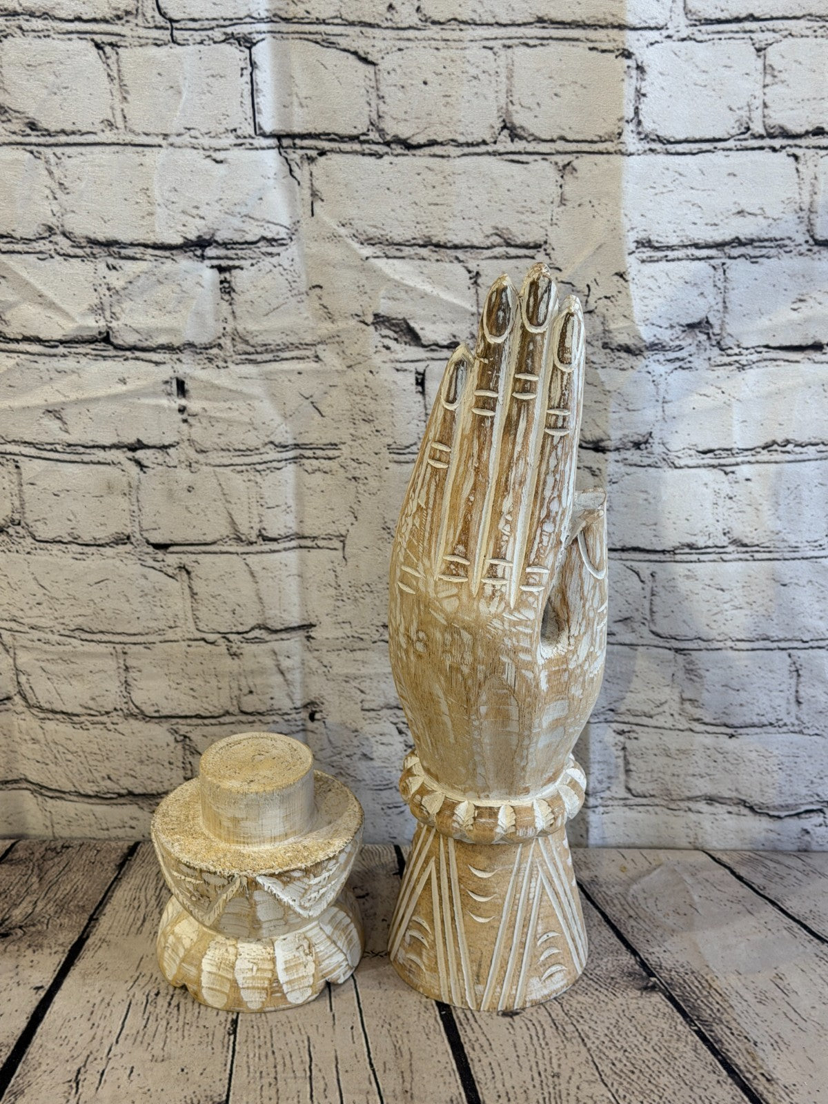 50cm White Wooden Hand Carved Praying Hands Incense Holder Two Parts5