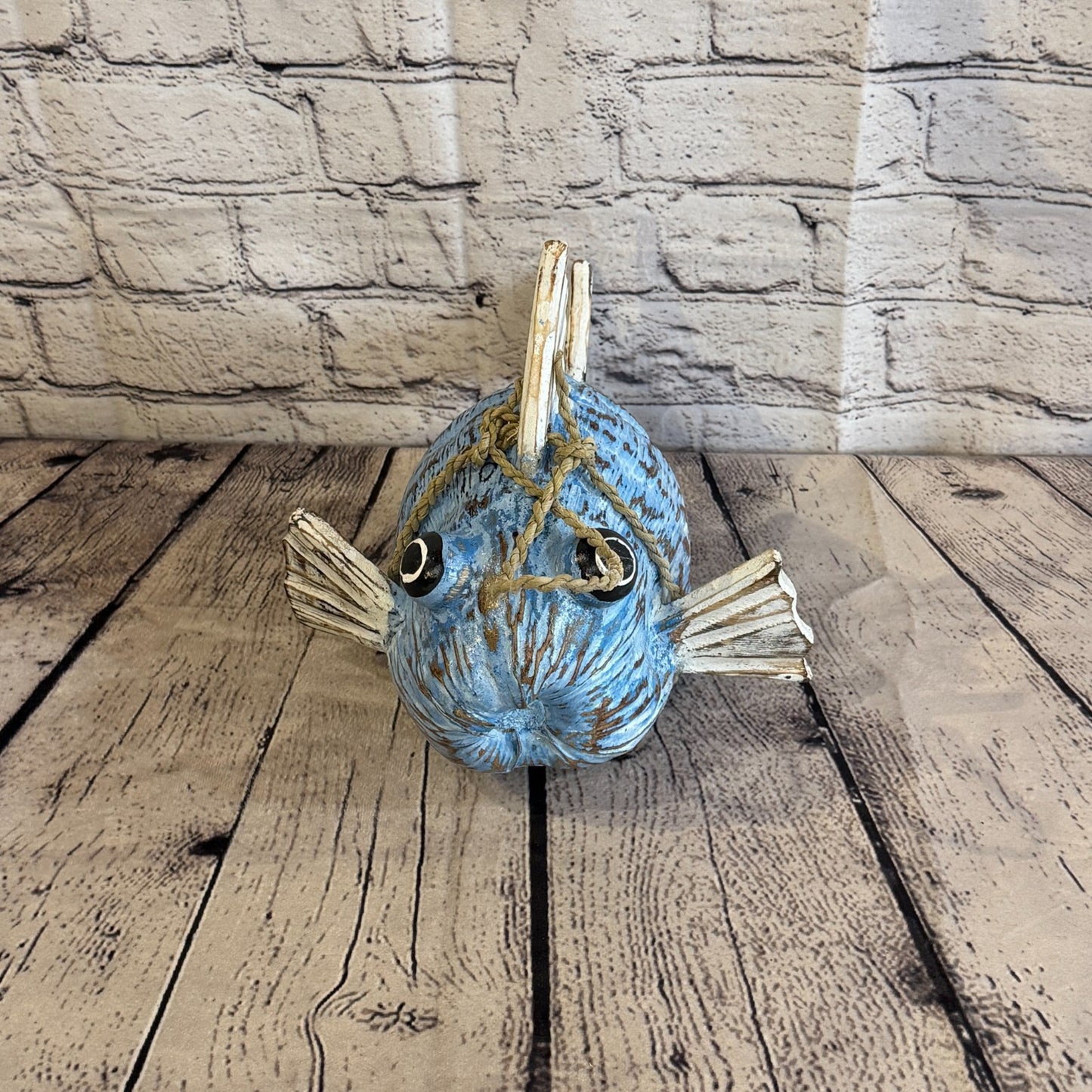 Blue White Fins Folk Art Painted Puffer Fish Coconut Shell Ornaments Hanging1