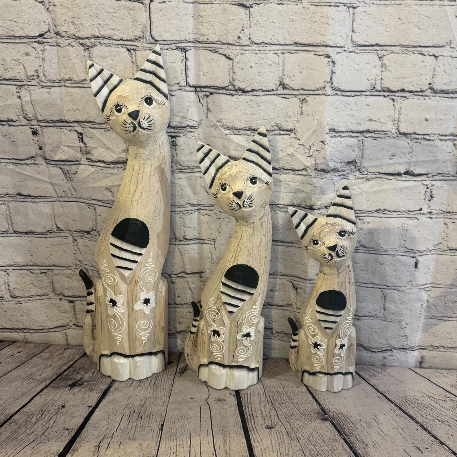 50cm White Flower Wooden Shabby Cat Statue Ornament Fair Trade Handcarved8