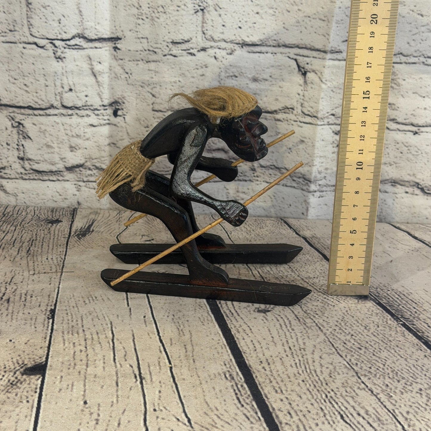 15cm Skiing Winter African Tribal Warrior Man Figure Statue Wood Hand Carved6
