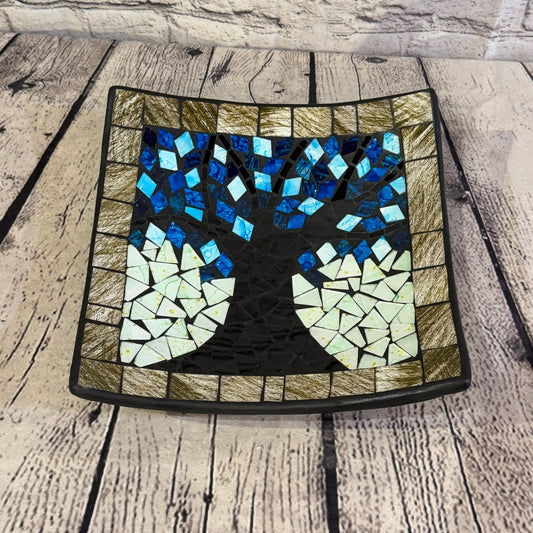 28cm Tree Of Life Blue Grey Square Mosaic Handmade Ceramic Glass Tile Bowl Fruit0