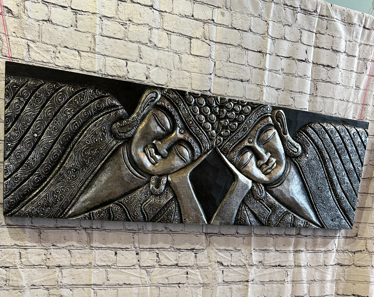 120cm x 40cm Buddha 2 Faces Silver Wooden Wood Panel Wall Art Plaque Handcarved1