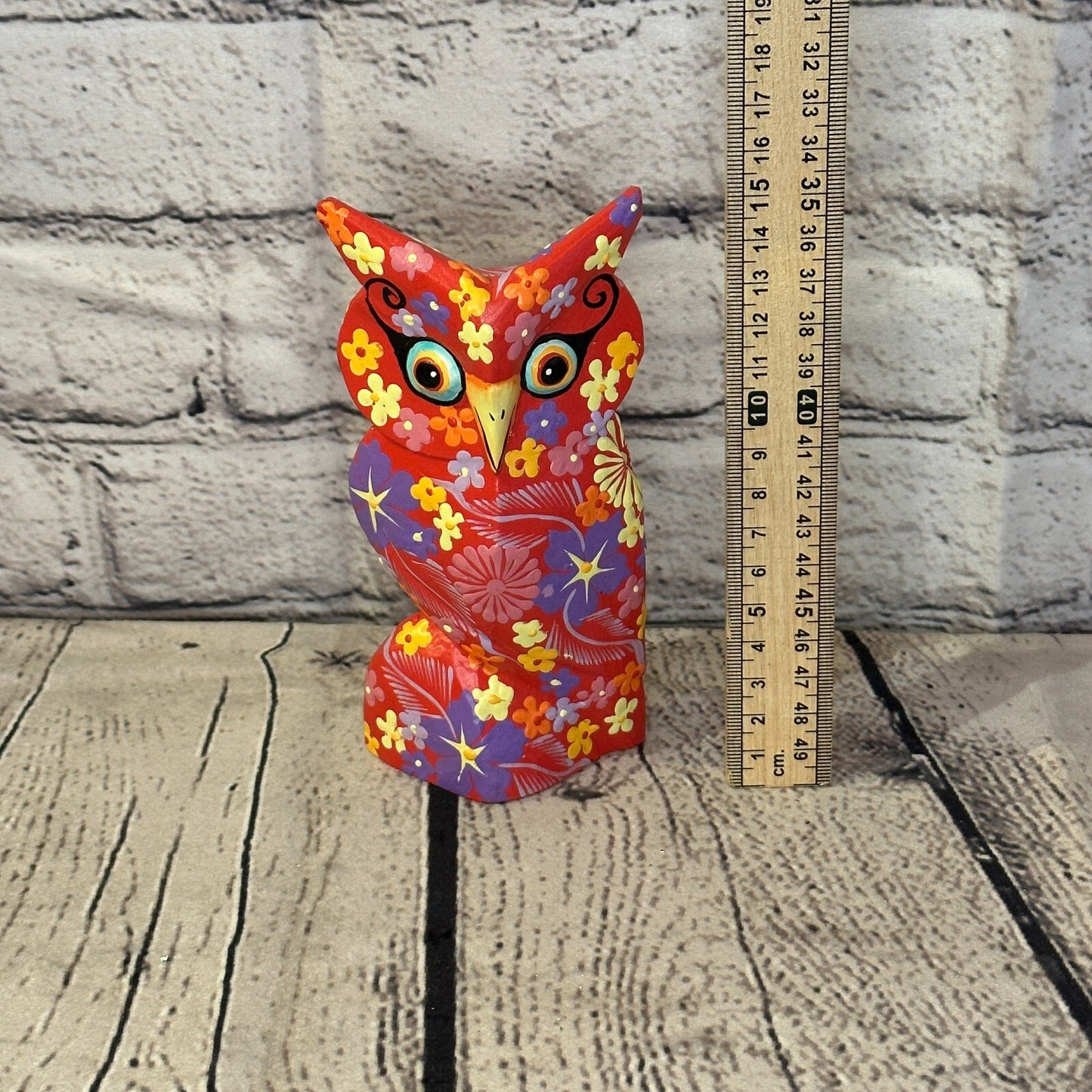 Red Small Wooden Owl With Flower Pattern 12cm x 8cm Handmade and Fairtrade5