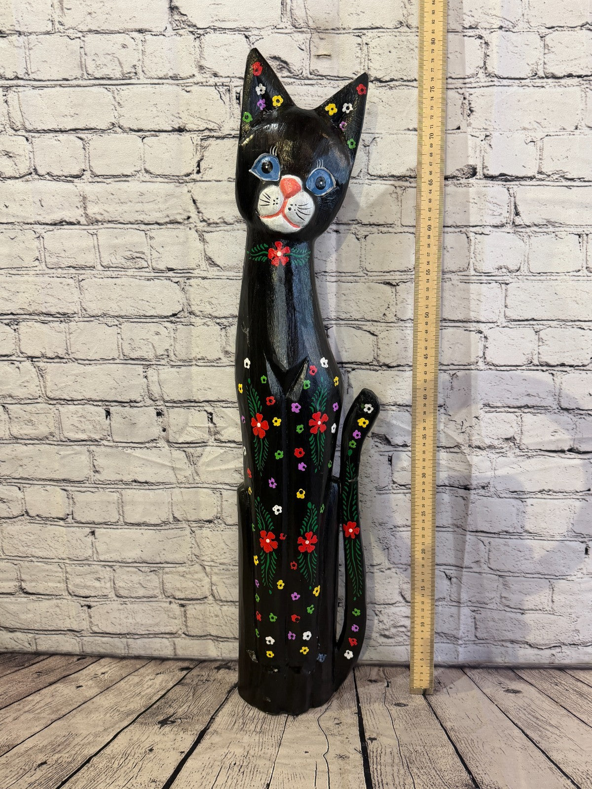 80cm Black Mix Flower Wooden Shabby Cat Statue Ornament Fair Trade Handcarved5