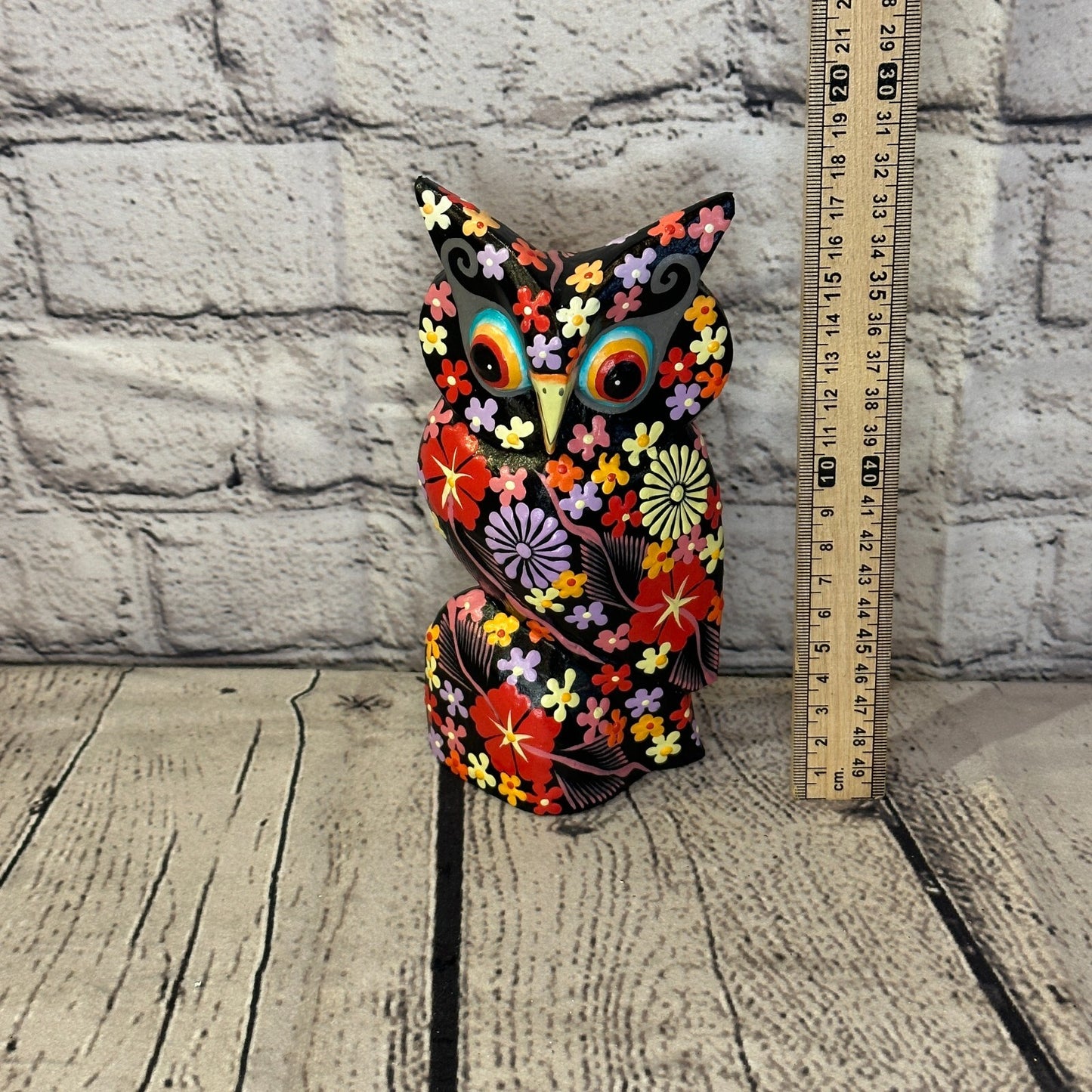 Black Medium Wooden Owl With Flower Pattern 15cm x 8cm Handmade and Fairtrade5