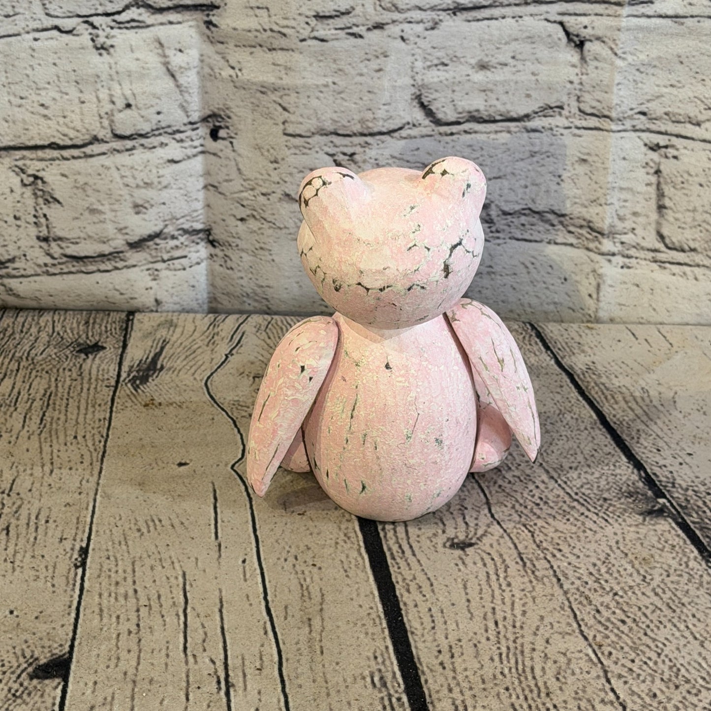 15cm Pink Teddy Bear Sitting Animal, Wooden Shelf Ornament Handmade & Fairtrade4