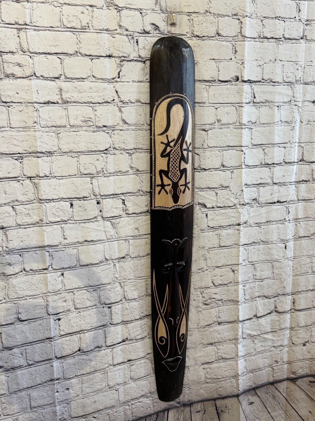 100cm Gecko Mask Carved Wooden Brown Work Painted Ethnic Tribal Tiki Wall Art0