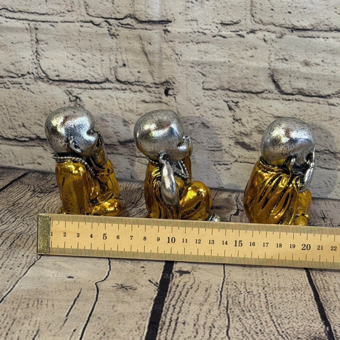 Silver Gold 10cm Set Of 3 Wise Buddha Monks Sitting On Seat Statue Resin Hindu5