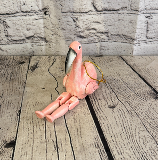 10cm Pink Flamingo Sitting Animal, Wooden Shelf Ornament Handmade Fairtrade0